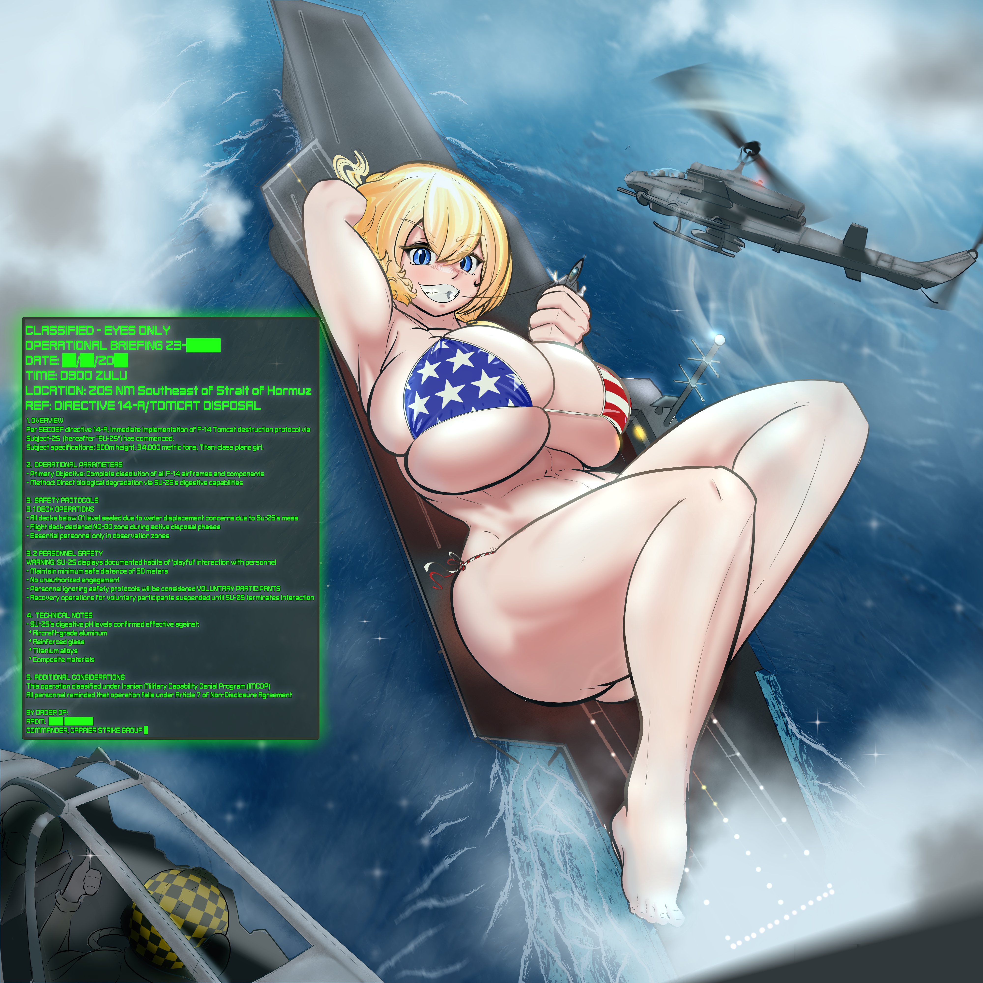 1girls, american flag bikini, bikini, blonde female, blonde hair, blonde-haired female, blue eyes, blue eyes female, female, female focus, female only, giant female, giant woman, giantess, laying on back, light skin, light-skinned female, military, navy, relaxing, sargasso sakana, thick thighs, thighs