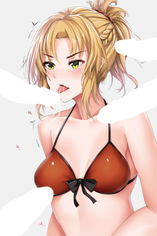 1girls bikini blonde_hair blush bow braid censored cum cumdrip fate/apocrypha fate/grand_order fate_(series) fellatio female front-tie_bikini front-tie_top green_eyes grey_background human licking long_hair mordred_(fate) mordred_(swimsuit_rider) multiple_penises oral penis ponytail red_bikini solo_focus swimsuit tears tongue tongue_out trembling upper_body yanochi