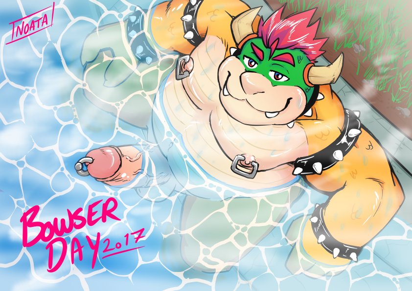 1boy bowser erection furrynoata-kun genital_piercing humanoid_penis koopa looking_at_viewer male male_only mario_(series) nintendo nipple_piercing nipples outdoors partially_submerged penis penis_piercing piercing scalie sitting smile solo vein veiny_penis video_games water