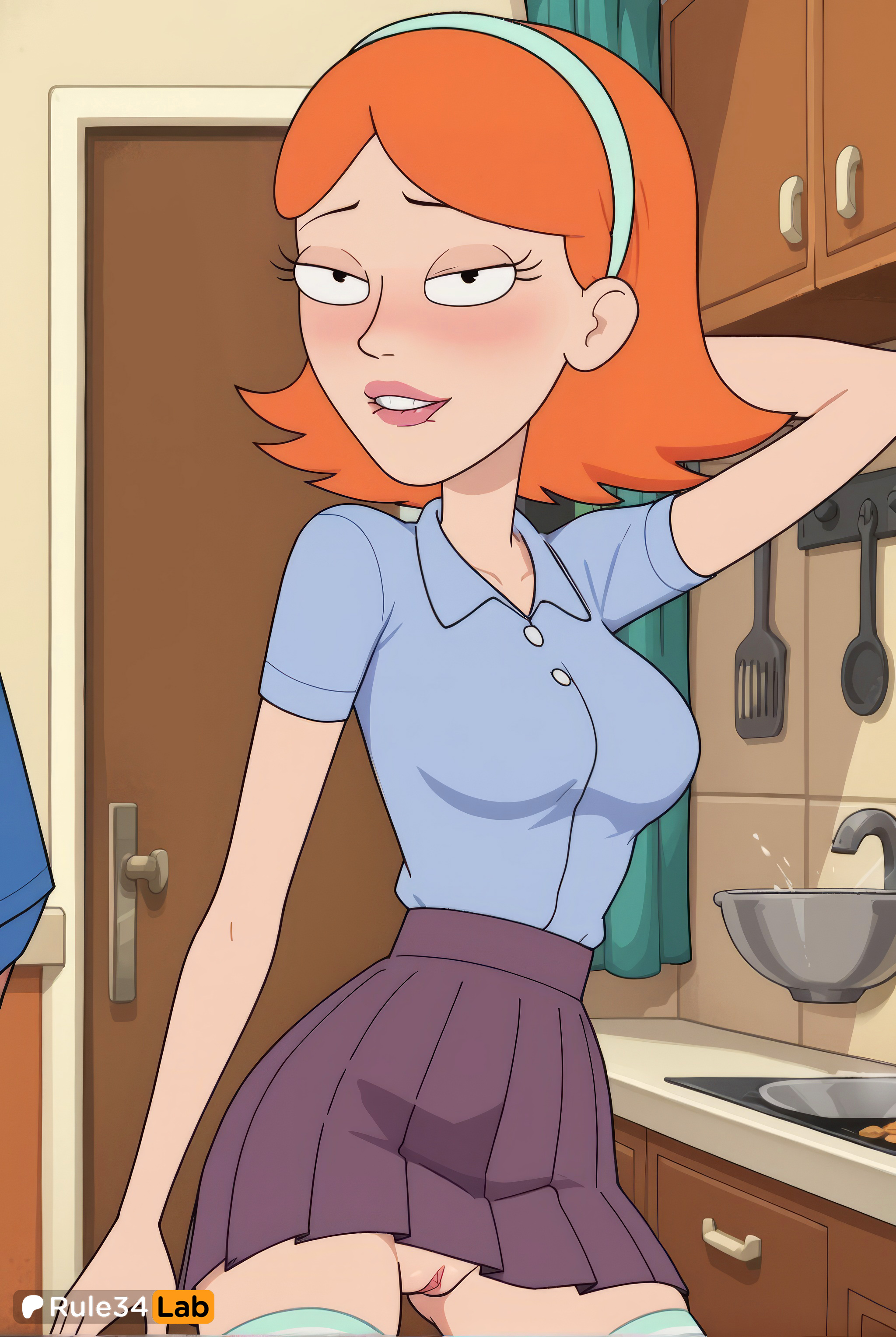 1girls, adult swim, ai generated, arm behind head, arm up, artist name, black eyes, blue shirt, blush, breasts, collared shirt, cooking, door, female, female only, frying pan, hairband, half-closed eyes, hi res, indoors, jessica (rick and morty), kitchen, looking at viewer, medium breasts, medium hair, miniskirt, no panties, orange hair, parted lips, patreon username, pleated skirt, pussy, rick and morty, rule34lab, shirt, shirt tucked in, short hair, short sleeves, skirt, smile, solo, spatula, stove, teeth, thighhighs, uncensored