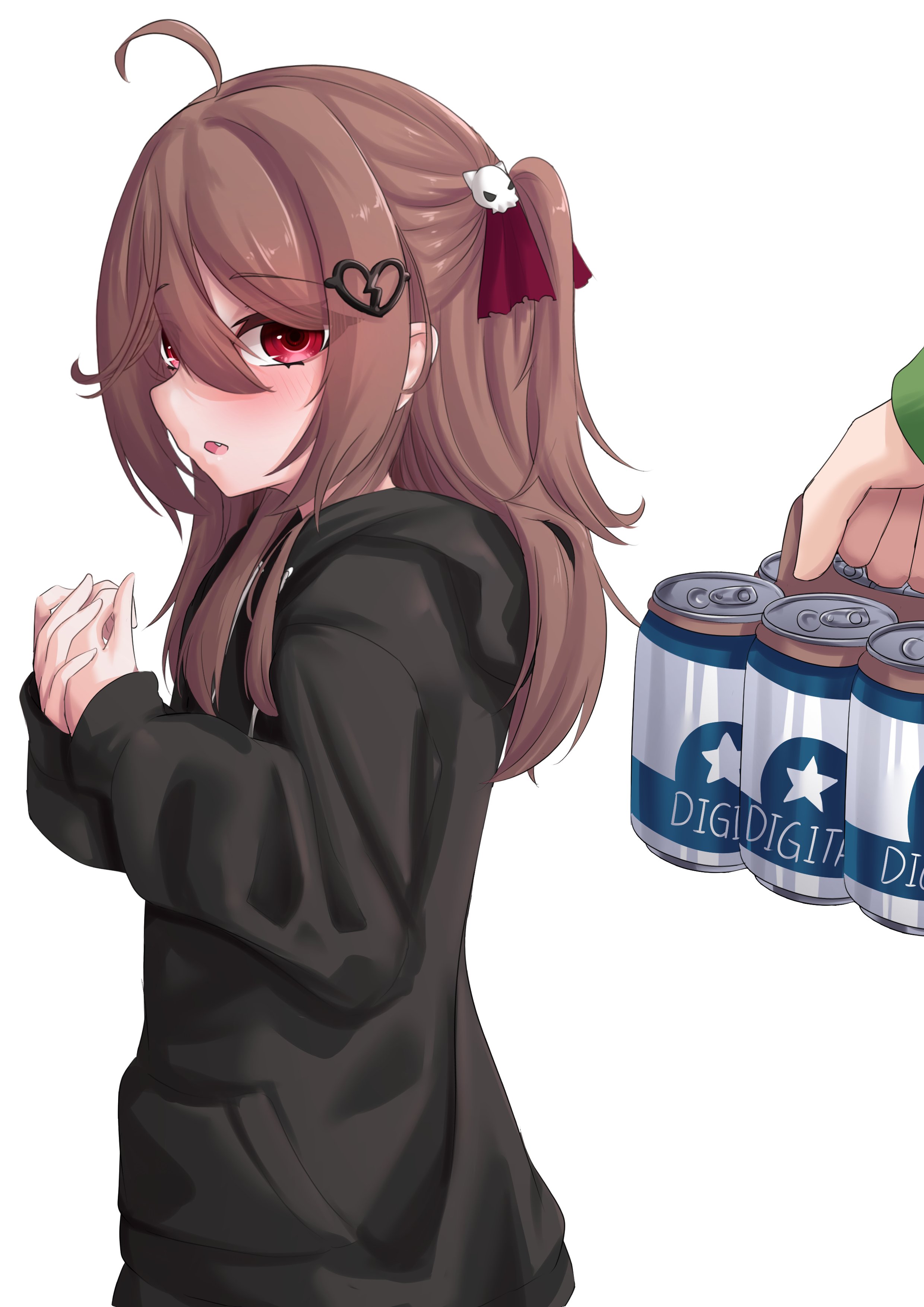 beer, beer can, brown hair, evil neuro, father and daughter, hair ornament, hair ribbons, hoodie, hoodie only, indie virtual youtuber, male, red eyes, ritspi, unseen male face, vedal987, virtual youtuber, vtuber