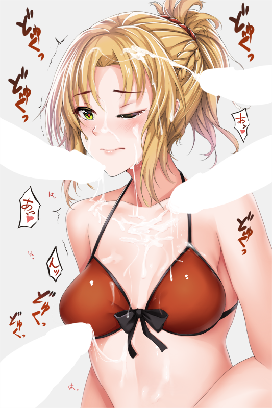 1girls bikini blonde_hair blush bow braid bukkake censored cum cum_on_body cum_on_clothes cum_on_hair cum_on_upper_body cumdrip facial fate/apocrypha fate/grand_order fate_(series) female front-tie_bikini front-tie_top green_eyes grey_background heart heart-shaped_pupils human long_hair mordred_(fate) mordred_(swimsuit_rider) multiple_penises one_eye_closed penis ponytail red_bikini solo_focus swimsuit symbol-shaped_pupils tears trembling upper_body wince yanochi