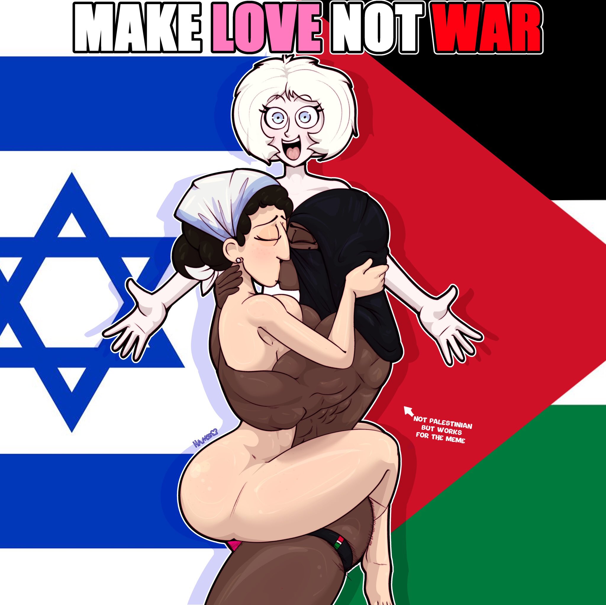 2d, 2d (artwork), 2girls, bad id, bad twitter id, breasts, dark skin, dark-skinned female, female, flag, hamzsandwich, hijab, huge breasts, israeli, jewish, jewish female, lesbian sex, make love, muscular female, national personification, palestinian, palestinian flag, politics, pripyatory (hellonearthiii), ragna (hellonearthiii), shoshanna (hellonearthiii), strap-on, strapon, traditional clothes, uzi (hellonearthiii), yuri