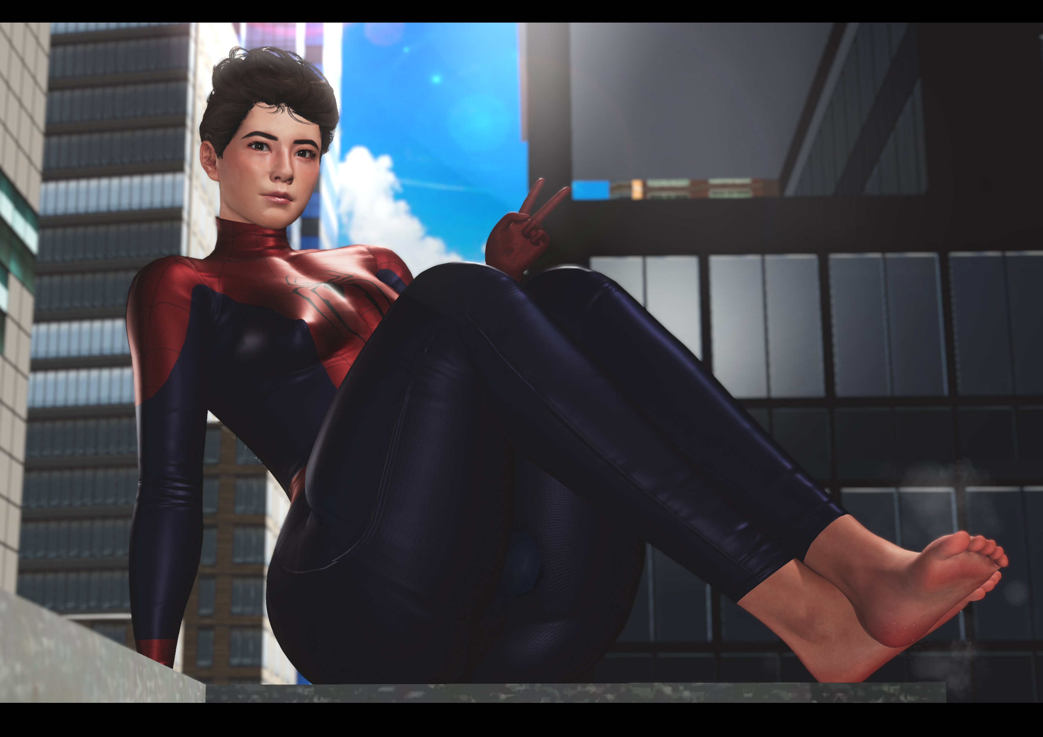 1boy, 1femboy, 3d, 3d (artwork), 3d model, 3d render, ass, ass focus, balls, balls bulge, barefoot, bodysuit, brown eyes, brown hair, bulge, bulge through clothing, costume, feeeuu, feet, femboy, femboy only, gloves, large ass, lens flare, male, male only, marvel, marvel comics, musk, musk clouds, musky, musky feet, nipple bulge, peace sign, pinup, sitting, solo, solo femboy, solo male, spider-man, spider-man (series), tight clothing