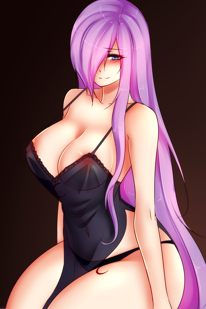 blue eyes, blush, cleavage, dirtykuro, female, foxykuro, hair over one eye, kuro (foxykuro), long hair, looking at viewer, nightgown, nipples, original, panties, purple hair, see-through, sitting, smile, solo, tattoo, underwear, very long hair