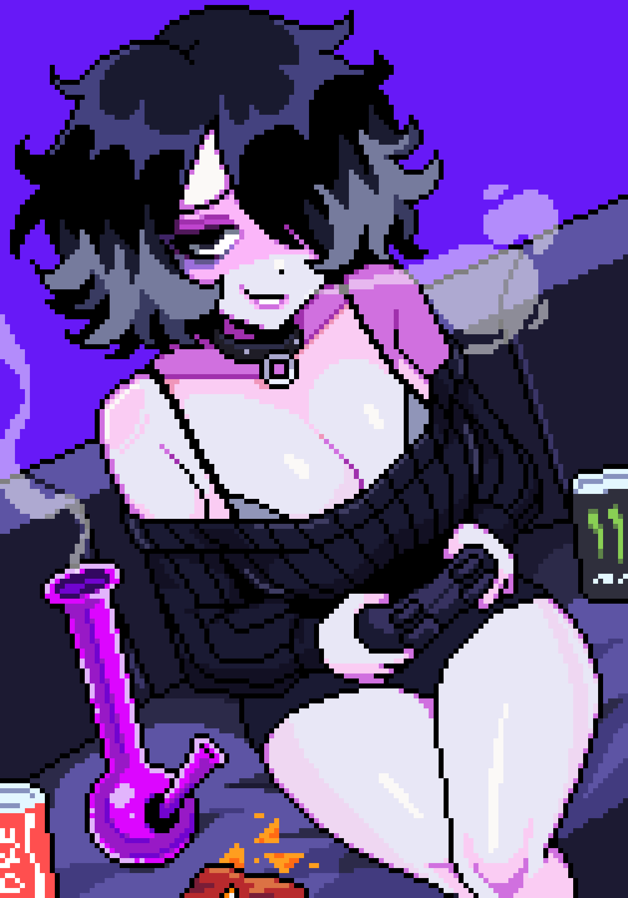 anime girl, big breasts, bong, breasts, controller, drug addict, drug use, drugs, female, game controller, gaming, goth, goth girl, liz (yumykon), looking at viewer, messy room, oc, original character, pixel art, playing video game, playing videogame, smoking, smoking bong, yumykon