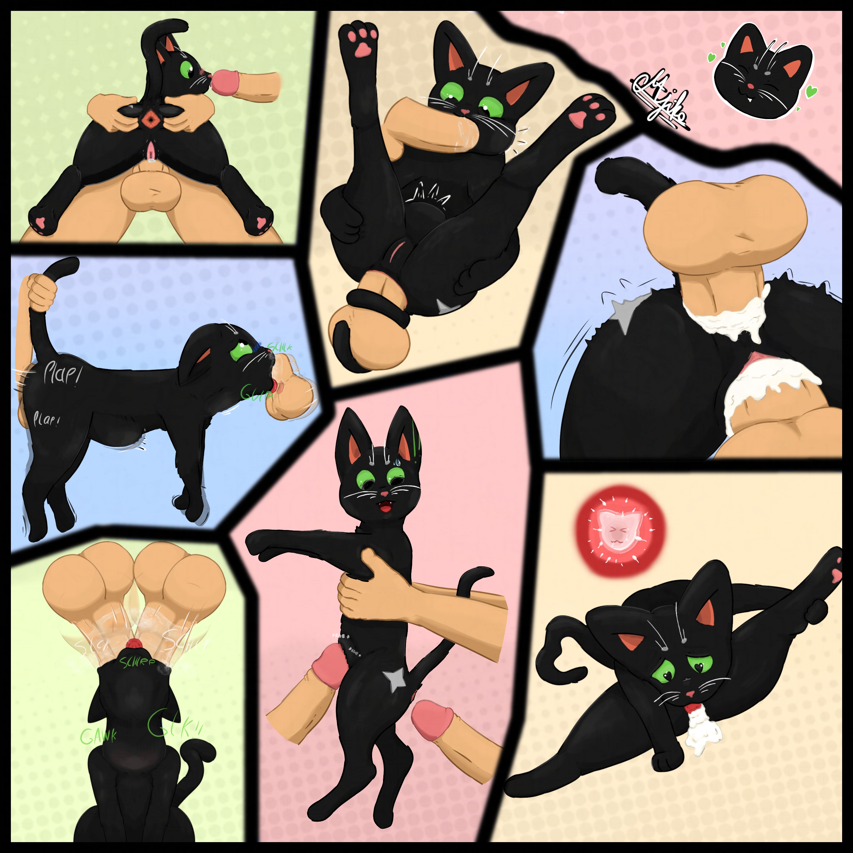 2025, 2boys, a cat is fine too, anal, anal sex, anus, ass, backsack, balls, balls deep, ballsack, black body, black eyes, black fur, bulge, cat, cheek bulge, cum, cum in ass, cum in pussy, cum in vagina, cum inside, deep penetration, deep throat, disembodied hand, disembodied penis, domestic cat, double fellatio, double oral, double penetration, feline, fellatio, female, female feral, feral focus, genitals, grabbing from behind, green sclera, heart pupils, heart symbol, impregnation, licking, licking cum, little kitty (lkbc), little kitty big city, looking at another, looking at genitalia, looking at penis, looking worried, majika, male, male human, male on feral, multiple images, multiple scenes, neck bulge, oral, oral penetration, ovum, pawpads, paws, penis, pink nose, pussy, self lick, sex, size difference, sound effects, sperm cell, spitroast, stomach bulge, tail, tongue, tongue out, trio, vaginal penetration, vulva, whiskers, white whiskers, zoôphilia