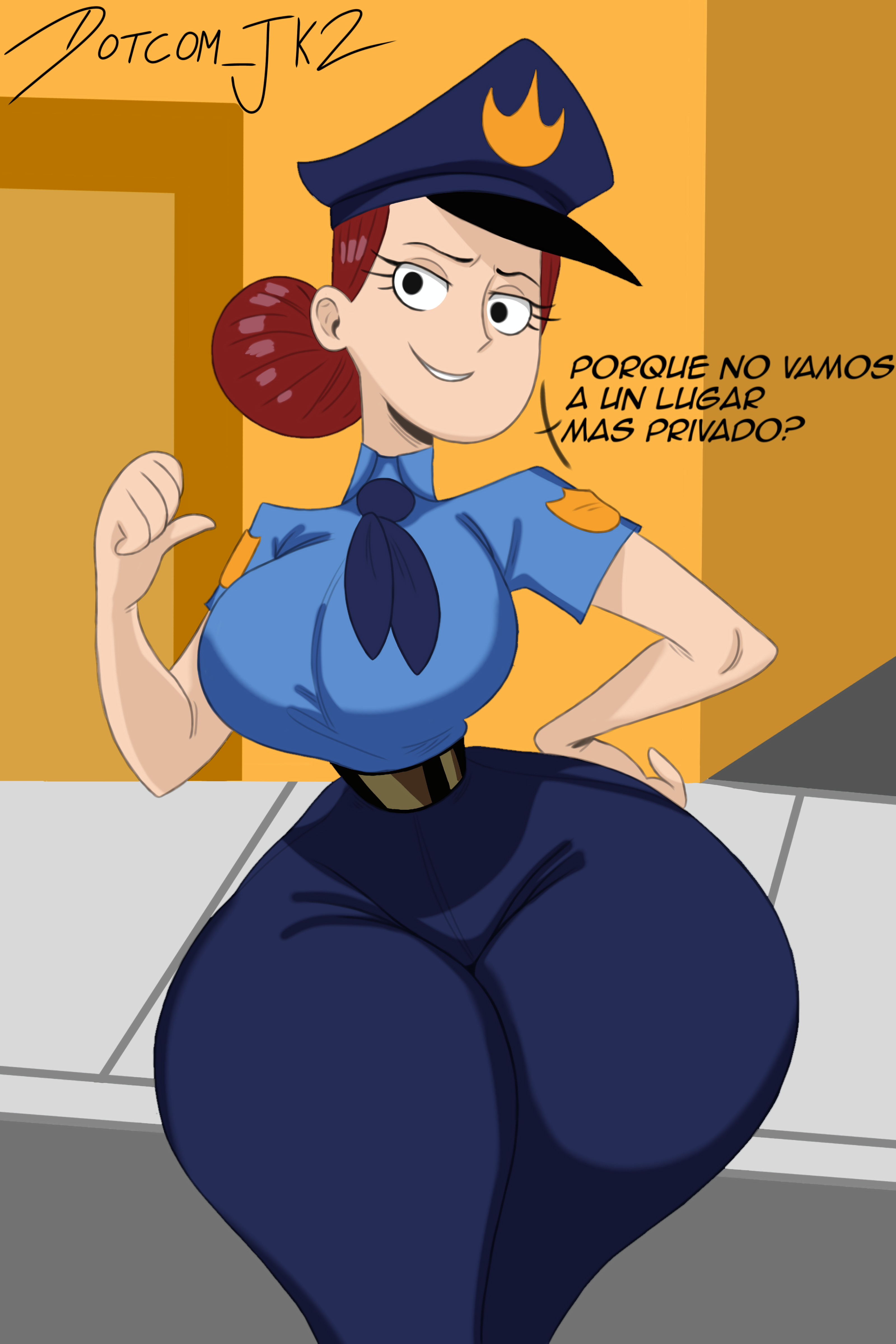 accurate art style, big breasts, big thighs, breasts, dotcom jk2, female, fhfif cop, foster's home for imaginary friends, hand on hip, officer jones, pointing back, police hat, police uniform, spanish text, wide hips