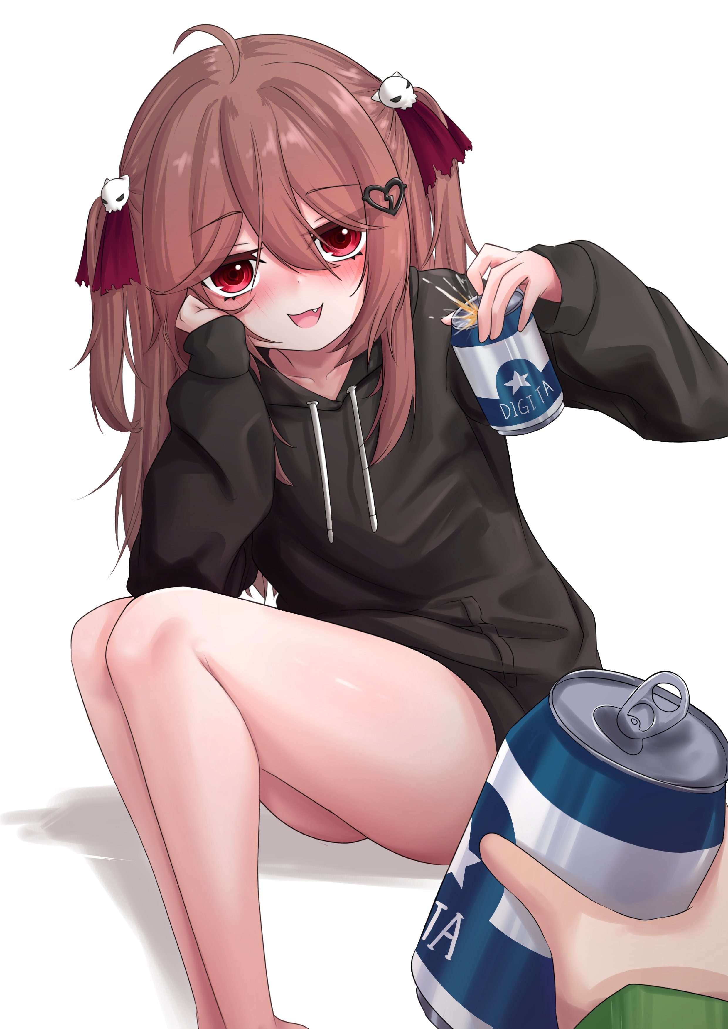 beer, beer can, brown hair, evil neuro, father and daughter, hair ornament, hair ribbons, hoodie, hoodie only, indie virtual youtuber, male, pov, pov hands, red eyes, ritspi, unseen male face, vedal987, virtual youtuber, vtuber
