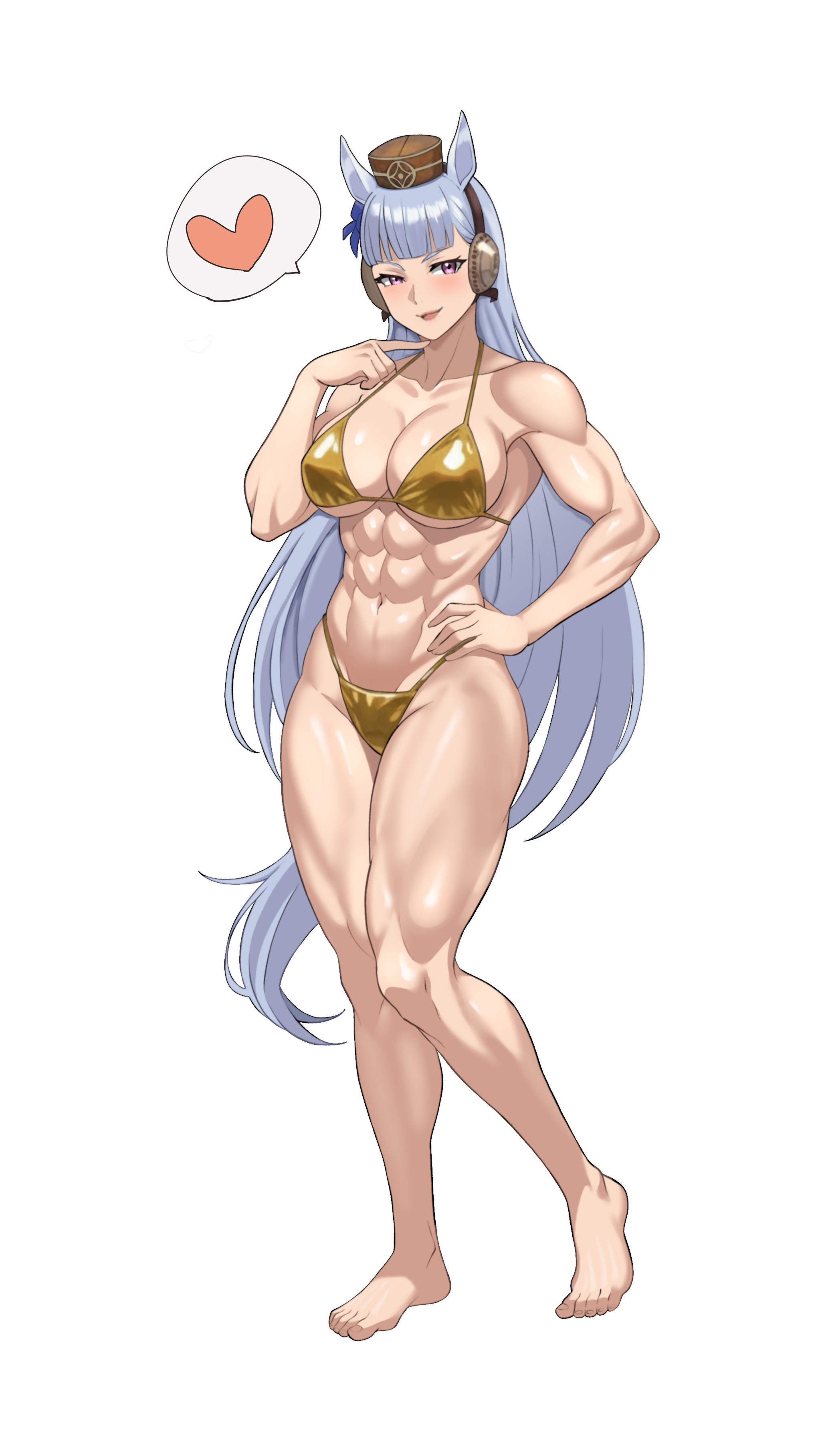 1girls, abs, absurd res, animal ears, barefoot, bikini, breasts, crimsomxmuse, female, full body, gold ship (umamusume), golden bikini, hi res, horse ears, large breasts, long hair, muscular, muscular female, navel, purple eyes, simple background, solo, speech bubble, spoken heart, standing, swimsuit, umamusume, very long hair, white background, white hair