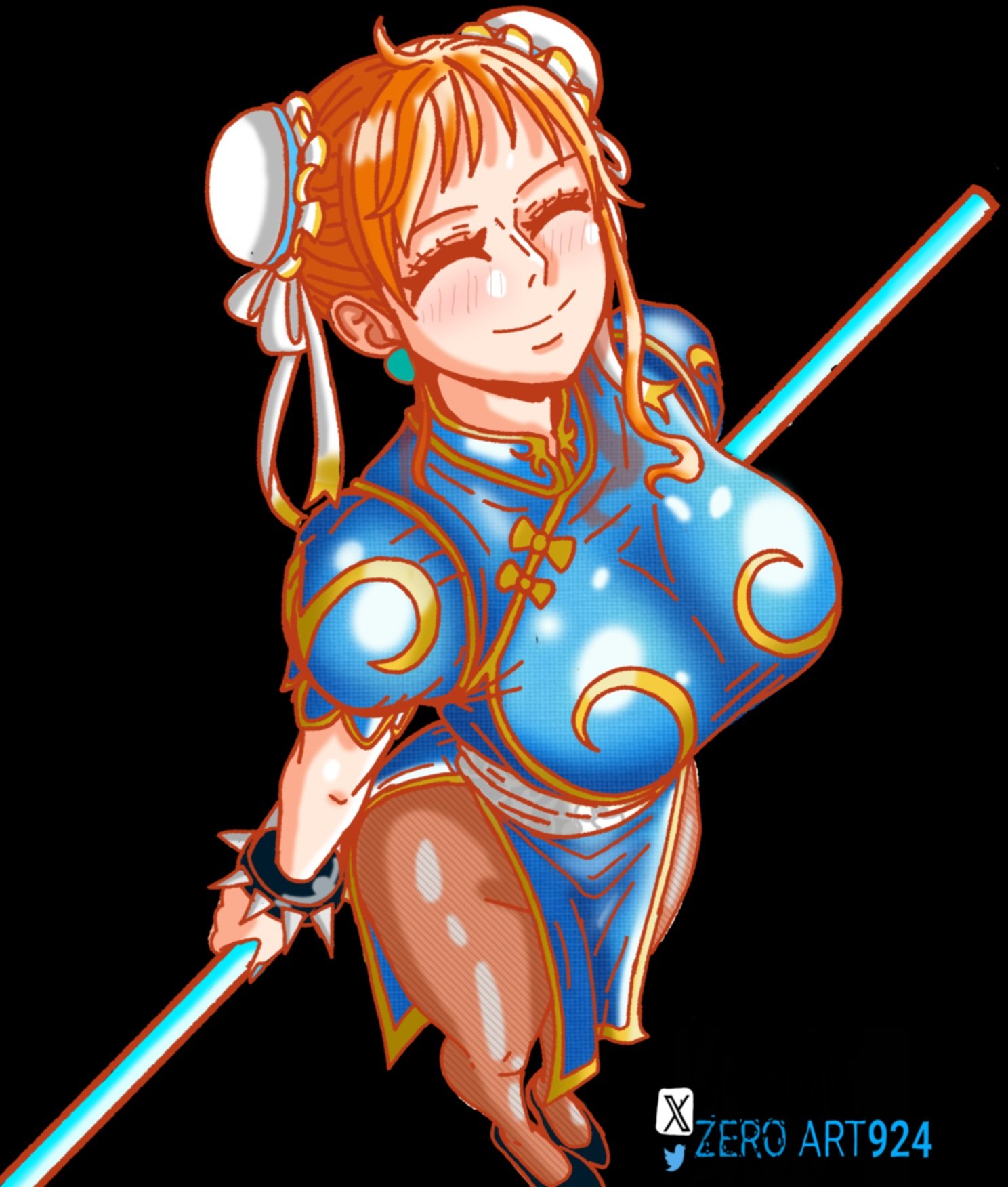 1girls, big breasts, black background, breasts, china dress, chun-li (cosplay), cosplay, feet up, female, female only, huge breasts, large breasts, nami, nami (one piece), one piece, orange hair, orange-haired female, smile, source request, street fighter, thighs, weapon, zeroart924
