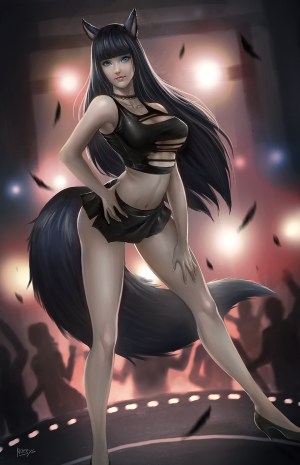 1girls animal_ears black_hair blue_eyes character_request copyright_request female female_only fox_ears fox_girl fox_tail kemonomimi long_hair nopeys solo tagme tail