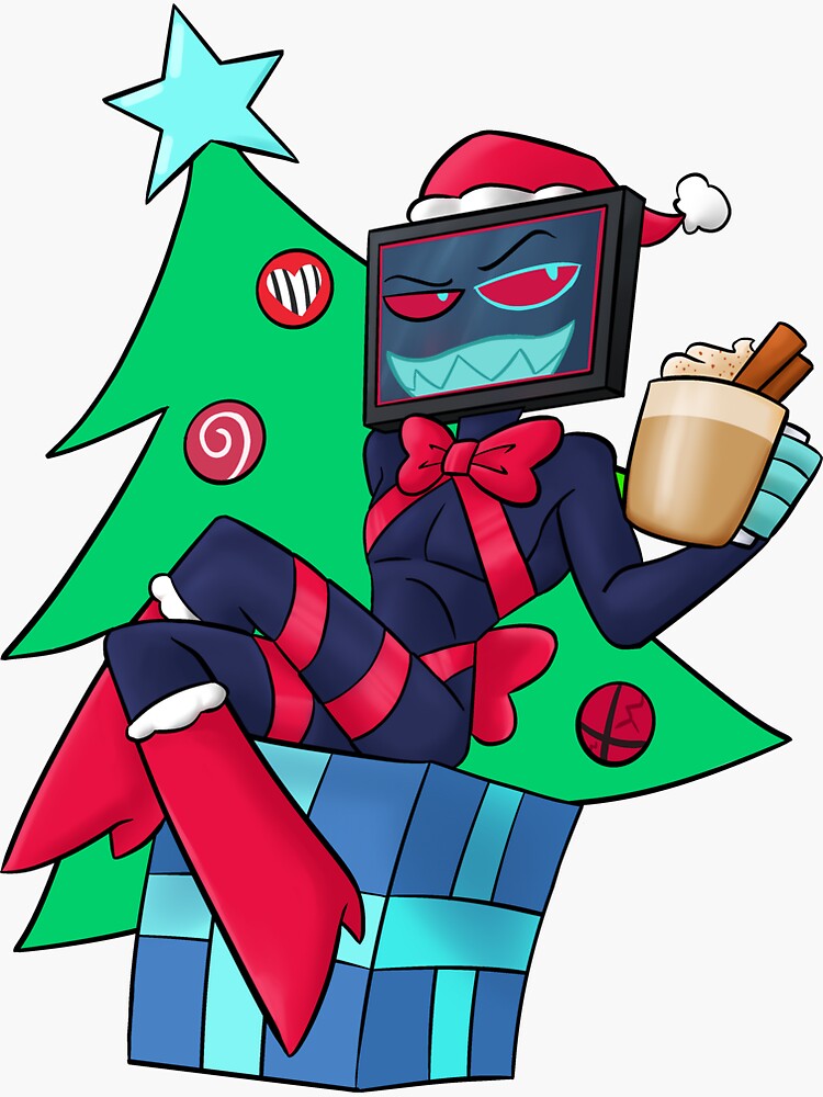 1boy artist_request beverage blue_eyes blue_teeth boots christmas christmas_present christmas_tree for_a_head hazbin_hotel holding_object hot_chocolate legwear mug naked_male nude nude_male nudity object object_head present_wrap red_sclera santa_boots santa_hat solo_male tv_head vox_(hazbin_hotel) wrapped