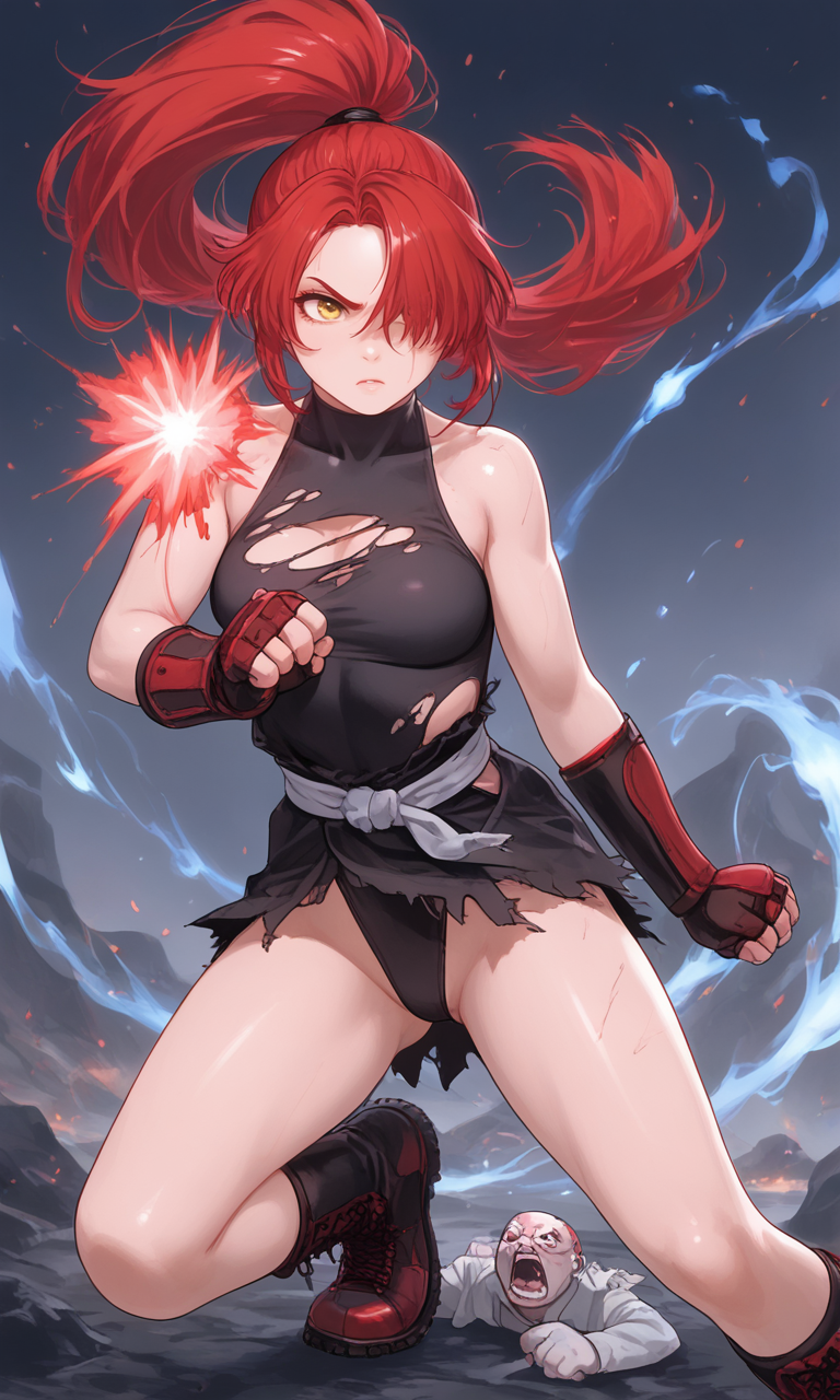 ai_generated battle_damage black_leotard crimson_hair female female fighter fighting_stance gloves golden_eyes hair_over_one_eye legs leotard martial_artist original_character ponytail red_hair ripped_clothing torn_clothes yellow_eyes