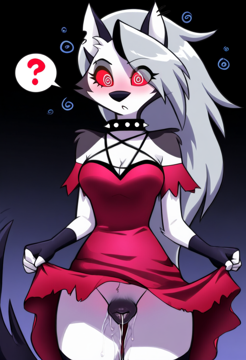 ai_generated anthro anthro_only canine_pussy cookie-girl ear_piercing excessive_pussy_juice eyebrow_piercing grey_fur hypnosis loona_(helluva_boss) mind_control question_mark questionable_consent red_dress red_eyes simple_background spiked_collar spiral_eyes tail upskirt upskirt_view white_fur white_hair wolf_ears wolf_girl wolf_humanoid wolf_tail