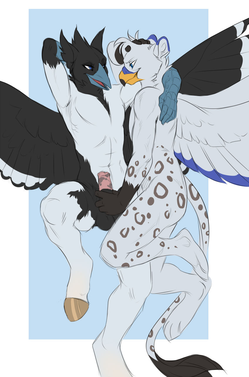 anthro avian balls beak couple_(disambiguation) demicoeur duo feathered_wings feathers grope gryphon hippogryph hooves kumagoro male nude penis sephirothiel simple_background wings yaoi