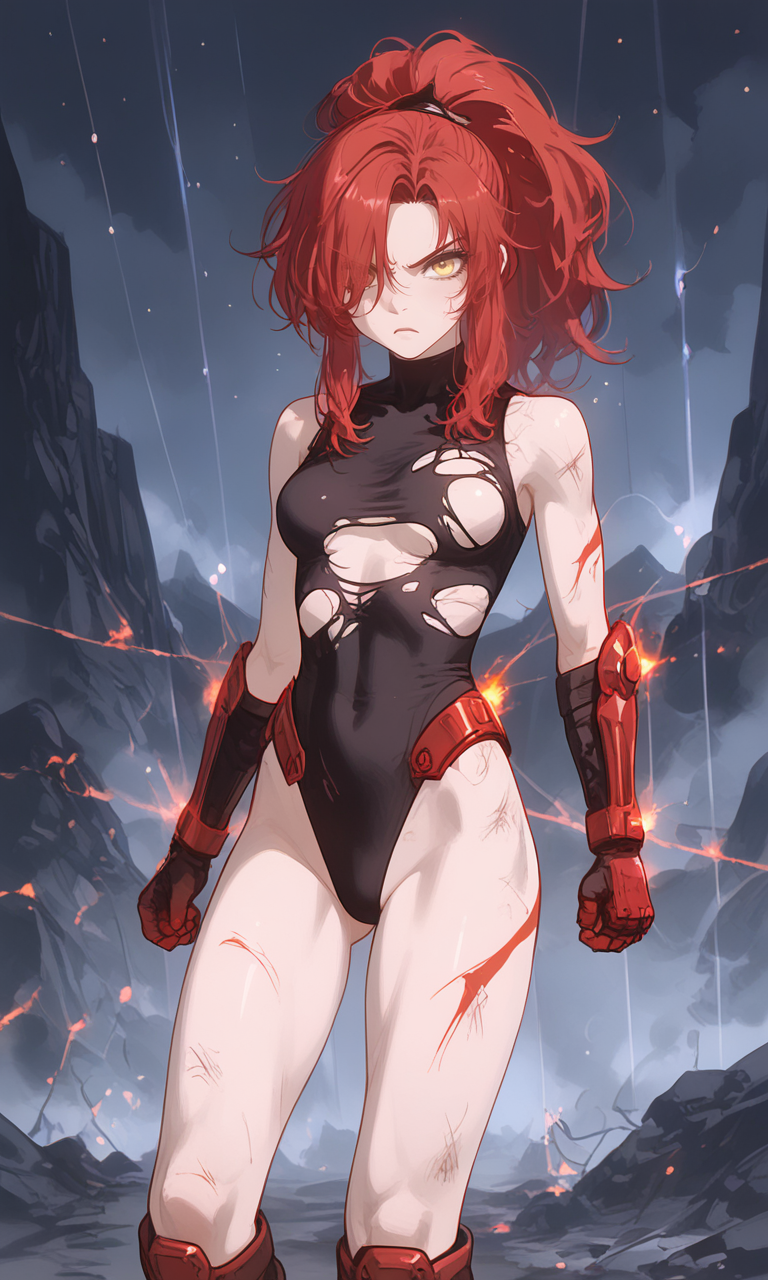 ai_generated battle_damage black_leotard crimson_hair female fighter fighting_stance gloves golden_eyes hair_over_one_eye legs leotard martial_artist original_character ponytail red_hair ripped_clothing torn_clothes yellow_eyes