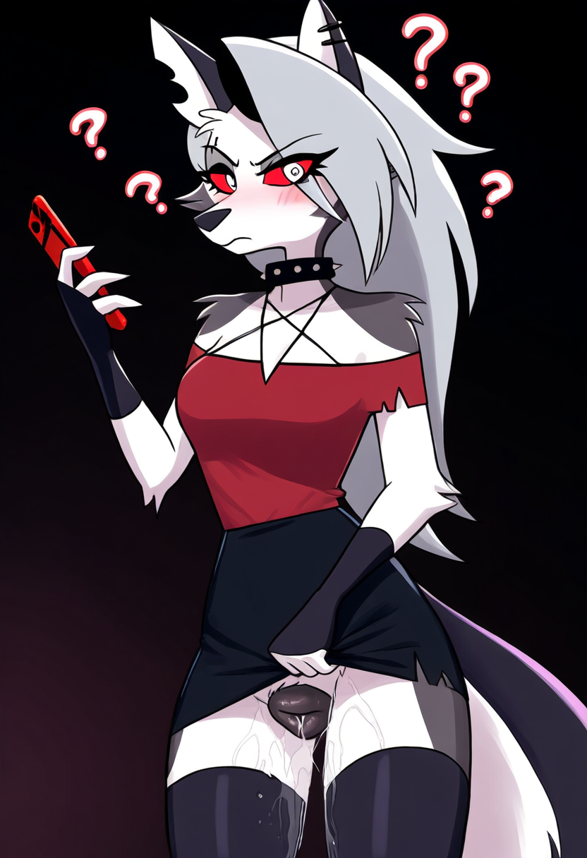 ai_generated annoyed annoyed_expression annoyed_face anthro anthro_only canine_pussy cookie-girl ear_piercing excessive_pussy_juice eyebrow_piercing grey_fur hypnosis loona_(helluva_boss) mind_control pussy_juice_down_thighs pussy_juice_leaking question_mark questionable_consent red_dress red_eyes simple_background skirt_lift spiked_collar spiral_eyes tail upskirt upskirt_view white_fur white_hair wolf_ears wolf_girl wolf_humanoid wolf_tail