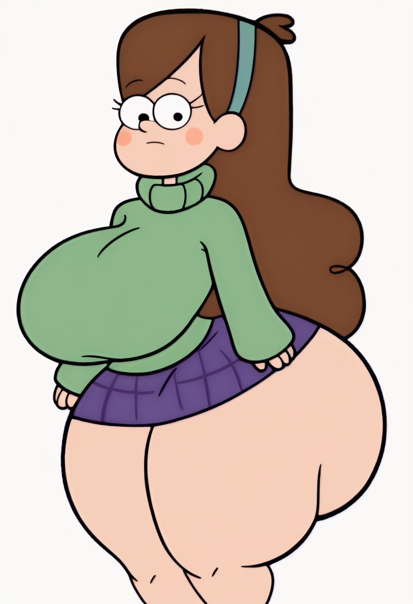 aged_up ai_generated ass_bigger_than_body blush bottom_heavy breasts_bigger_than_torso brown_hair flat_colors gravity_falls hairband huge_ass huge_breasts looking_at_viewer mabel_pines skirt small_but_busty sweater thick_thighs white_background wide_hips