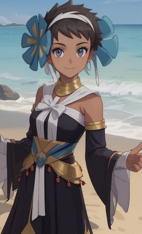 1girls ai_generated beach black_hair blue_eyes clothing hair_ornament phoebe_(fall_2023)_(pokemon_masters) phoebe_(pokemon) pokemon pokemon_masters