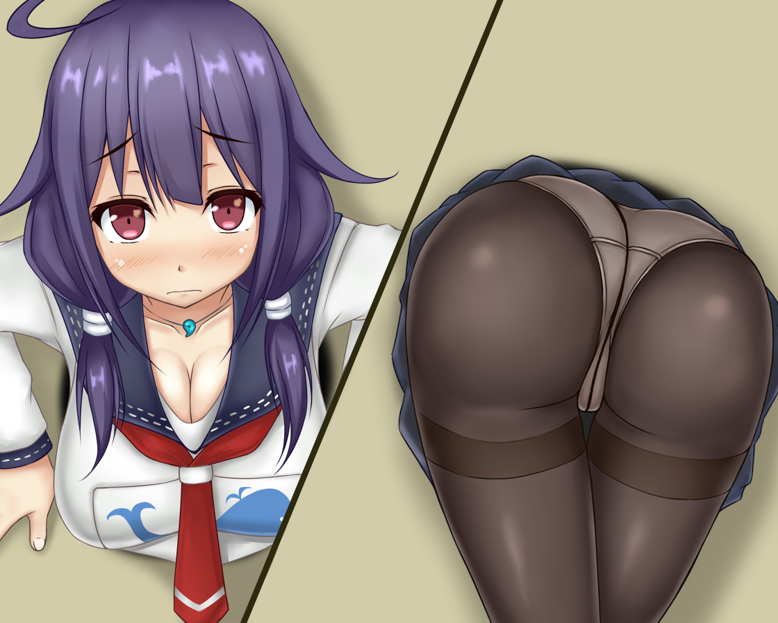 ass, blush, breasts, clothed, female, kantai collection, panties, pantyhose, pubic hair, purple hair, red eyes, stuck in wall, taigei (kantai collection), through wall