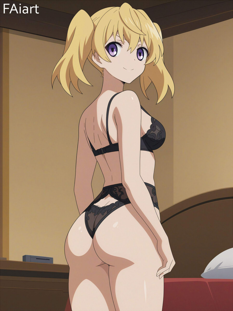 1girls ai_generated ass_focus blonde_hair faiart lingerie looking_at_viewer owari_no_seraph purple_eyes sanguu_mitsuba solo