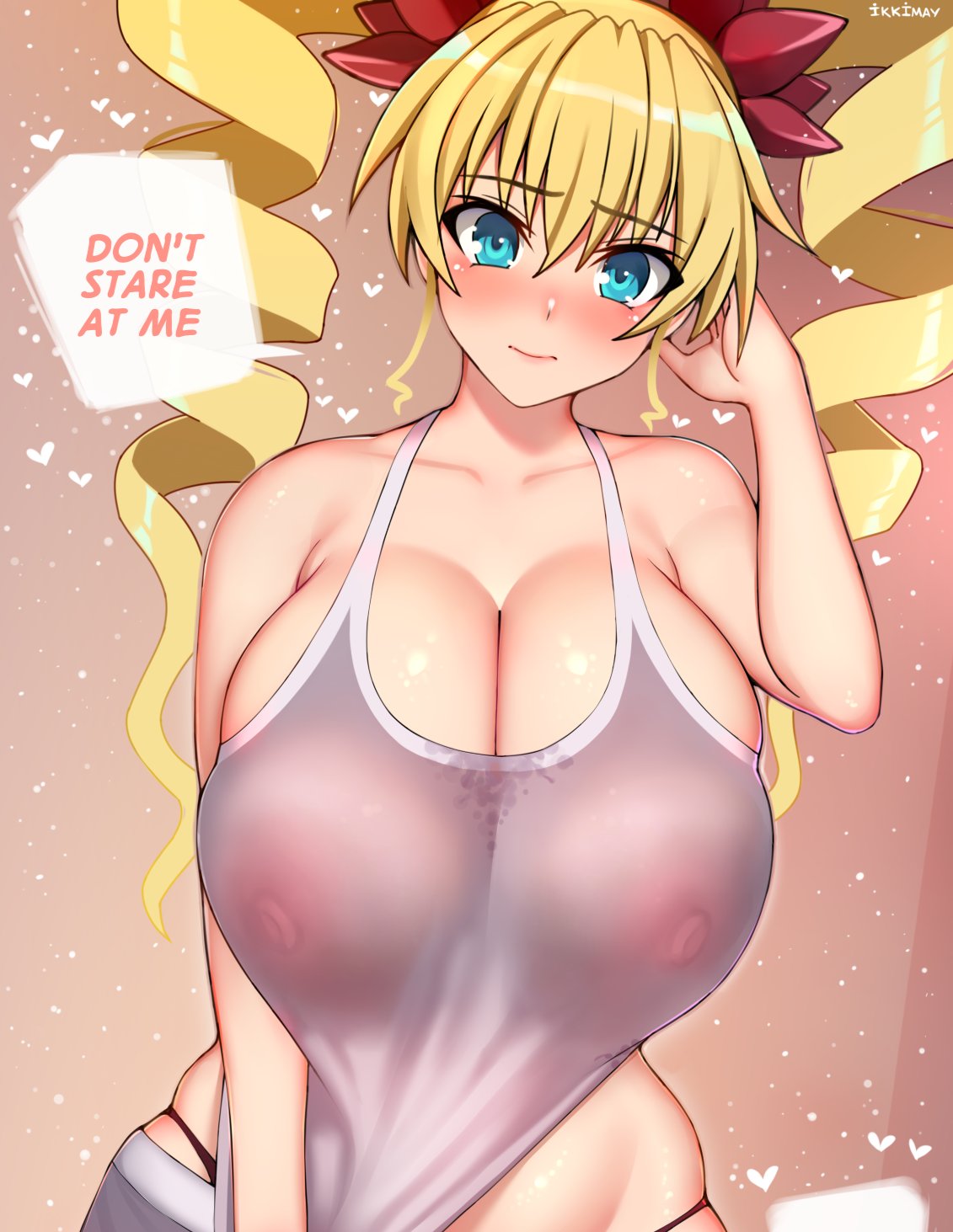 1girls arm_behind_head artist_name big_breasts blonde_hair blue_eyes blush breasts bursting_breasts busty claire_harvey cleavage covered_nipples drill_hair embarrassed english_text female female_only heart highres huge_breasts hundred ikkimay long_hair looking_at_viewer nipples pulling_own_clothes see-through_clothes sensual shirt shorts sleeveless sleeveless_shirt solo thong twin_drills voluptuous whale_tail