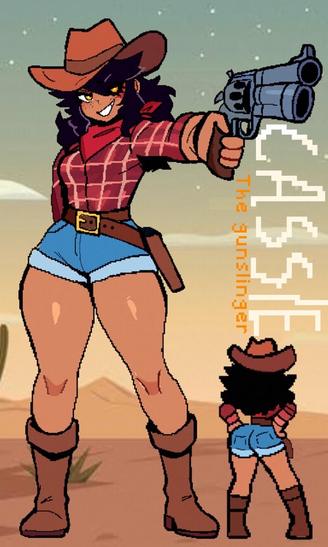 1girls aiming_at_viewer bandana black_hair character_request cowgirl monam original reference_sheet revolver shorts smug tagme tan_body