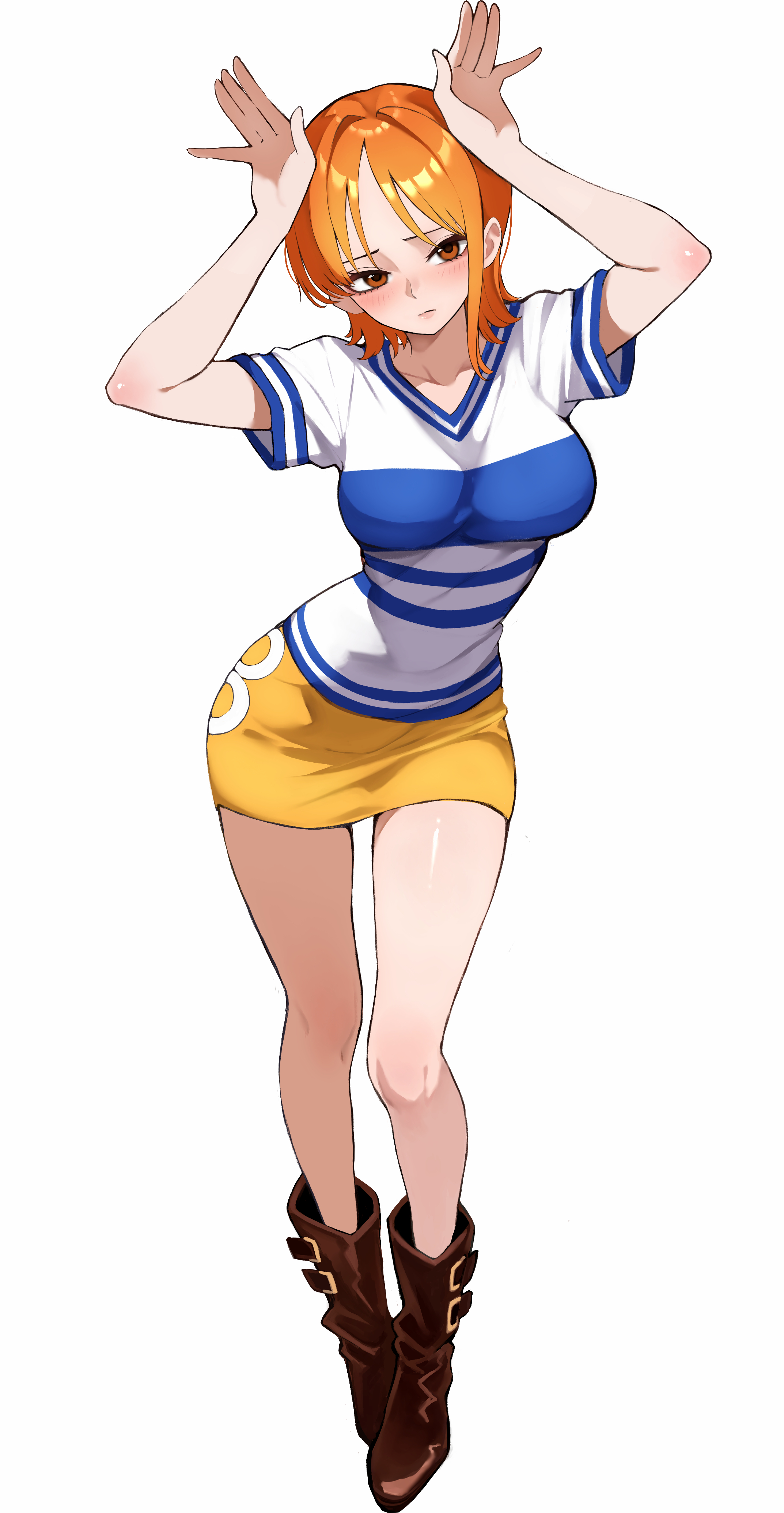 1girls, 2025, absurdres, arms up, blue shirt, blush, boots, breasts, brown boots, brown eyes, closed mouth, clothing, collarbone, commentary request, commission, embarrassed, female, female only, full body, highres, kasumi 6, kasumi6, large breasts, looking at viewer, miniskirt, nami (one piece), nami (one piece) (east blue), one piece, orange eyes, orange hair, orange-haired female, pencil skirt, pixiv commission, pre-timeskip, rabbit pose, shiny skin, shirt, short hair, short sleeves, shy, simple background, single sidelock, skirt, solo, standing, striped clothes, striped shirt, thighs, v-neck, variant set, white background, yellow skirt