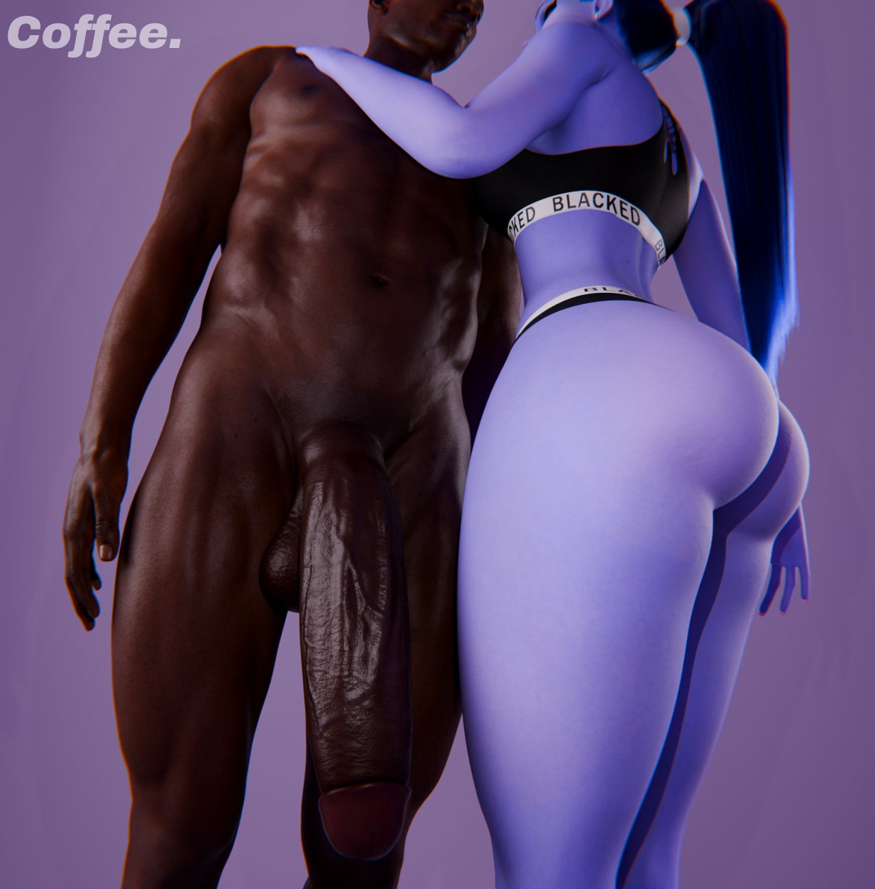 3d, big penis, blacked clothing, blizzard entertainment, bra, coffee3dx, cuddling, dark-skinned male, female, fondling, holding, horny, horny female, imminent sex, interracial, lingerie, long hair, male, overwatch, overwatch 2, panties, penis, ponytail, round ass, standing, thick ass, thong, underwear, widowmaker