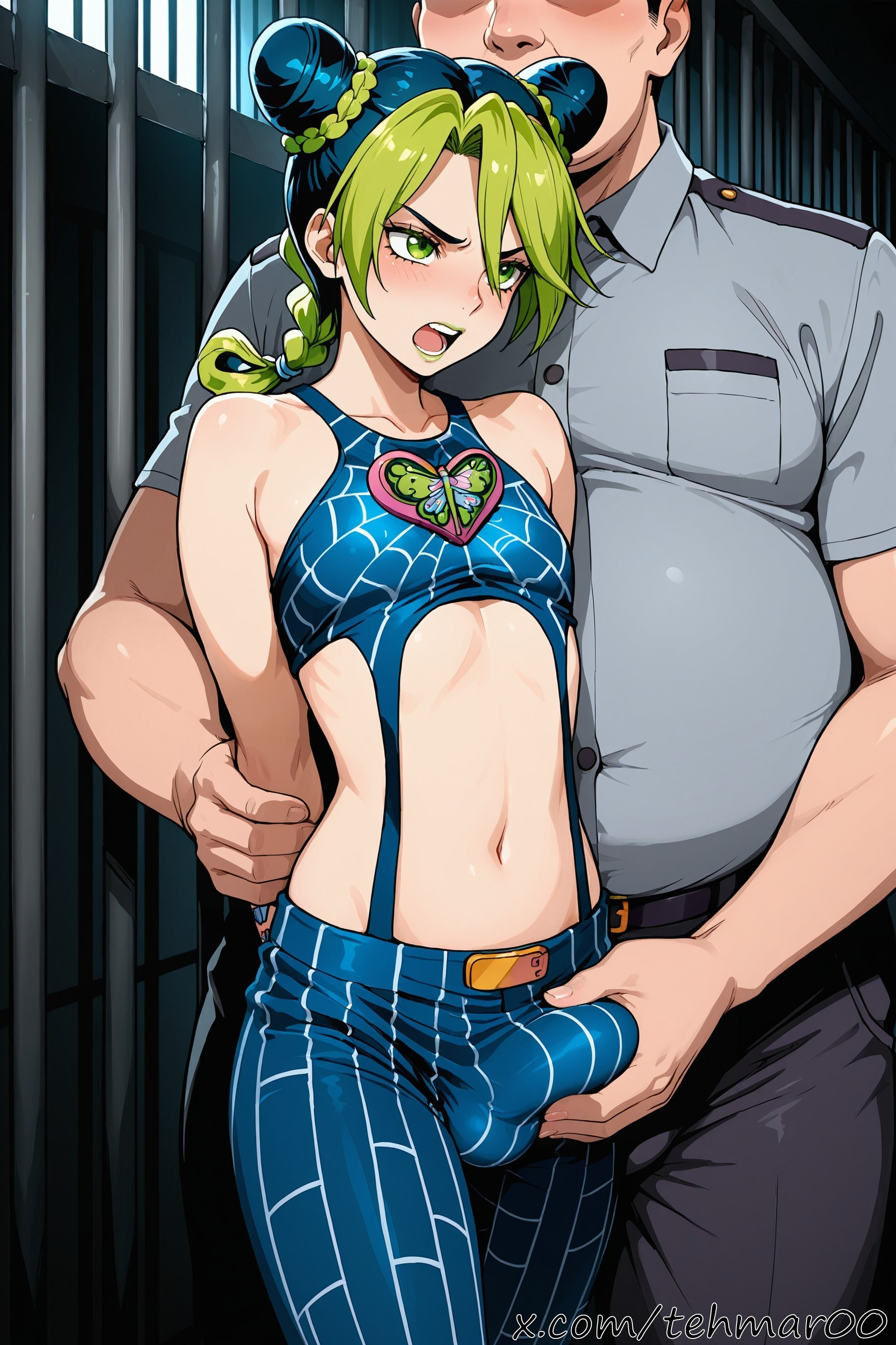 2boys, ai generated, angry, blush, braid, bulge, cone hair bun, double bun, erection, erection under clothes, fat male, femboy, gay, genderswap (ftm), green eyes, green hair, green lipstick, hair bun, halter top, hand on crotch, hands behind back, imminent rape, jojo's bizarre adventure, jolyne kujo, lipstick, male, male jolyne, male only, midriff, multicolored hair, navel, open mouth, prison, rule 63, single braid, stone ocean, tagme, tehmar, trans woman, transfem, trap, two-tone hair, yaoi
