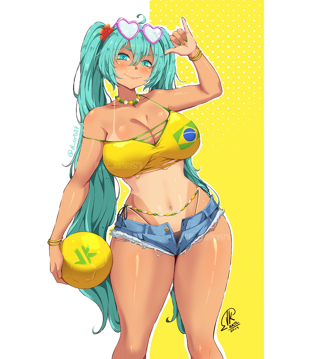 1girls artist_name artist_signature athletic_female bare_legs bikini bikini_top blue_eyes blue_hair brazil brazilian brazilian_female brazilian_flag brazilian_miku flower_in_hair gigantic_breasts hatsune_miku holding_object huge_breasts huge_thighs jk_arts07 latin_american_hatsune_miku_(meme) long_hair looking_at_viewer massive_breasts painted_nails simple_background smiling solo_female sunglasses sunglasses_on_head sweat sweatdrop tan-skinned_female tan_body tanline tanned_female tanned_skin thick_thighs thighs twintails very_long_hair vocaloid voluptuous voluptuous_female