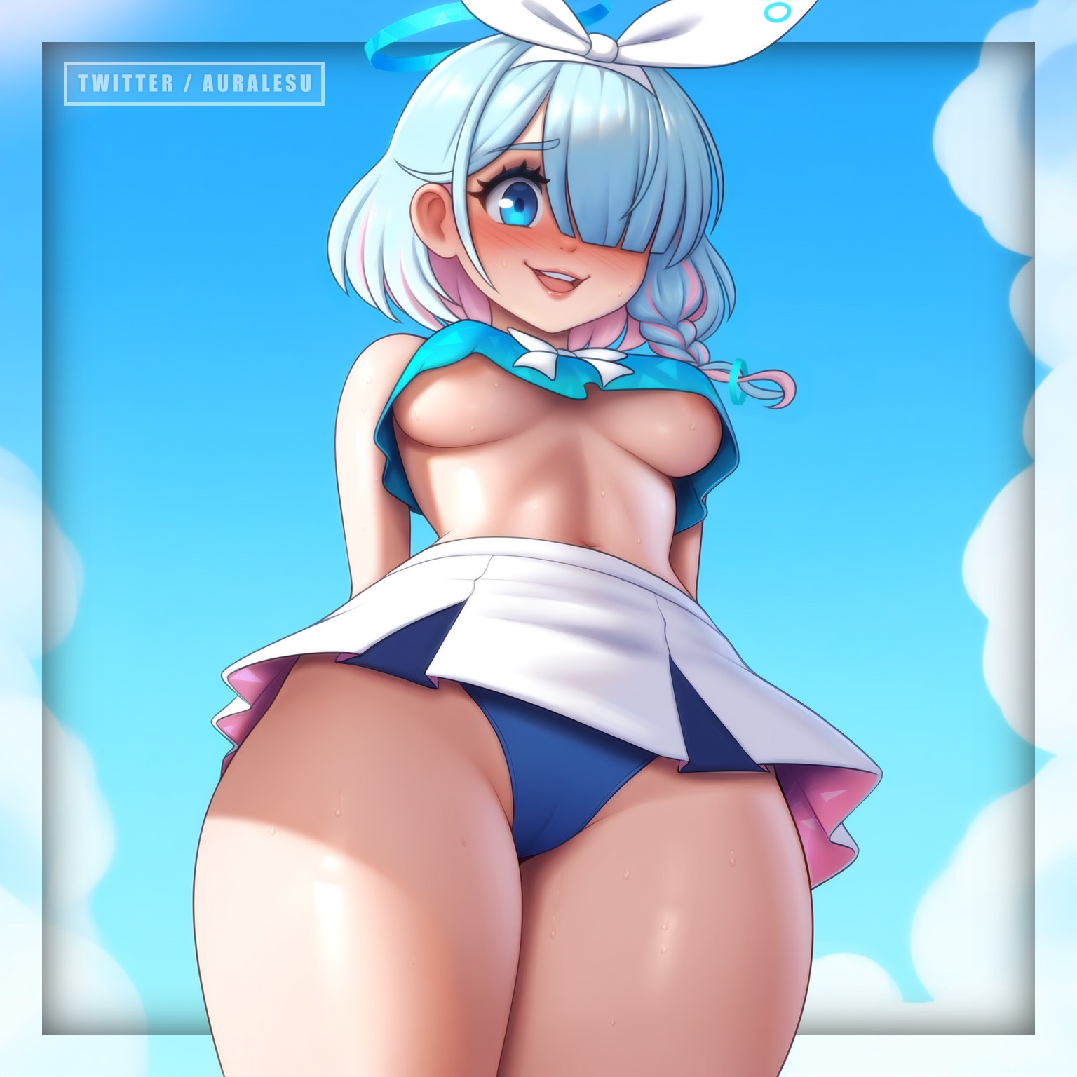 areola slip, arona (blue archive), auralesu, blue archive, blue eyes, blue hair, blush, blush lines, border, breasts, cameltoe, cloud, clouds, female, from below, halo, hands behind back, headband, one eye covered, oppai, pantyshot, pink hair, pussy, skirt, skirt lift, skirt up, sky, smile, smile at viewer, tongue, twitter, twitter username, two-tone hair, underboob, upscaled, username