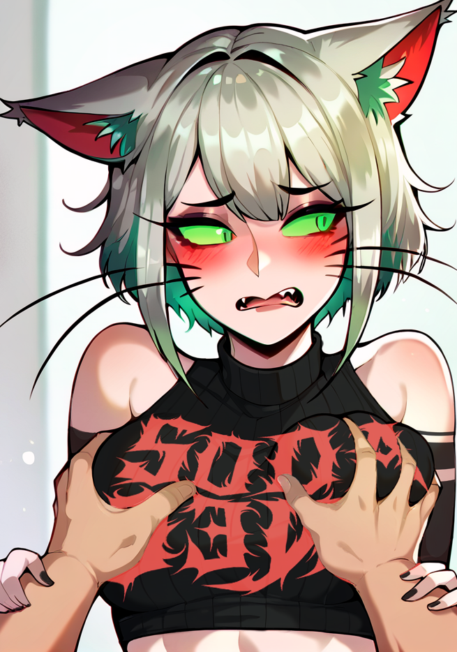 animal bangs blush breast_grab breasts cat_ears cat_girl colored_sclera crop_top ear female green_eyes green_hair green_sclera grey_hair medium_breasts multicolored_hair pov pov_hands short_hair sodasneb upper_body virtual_youtuber whiskers