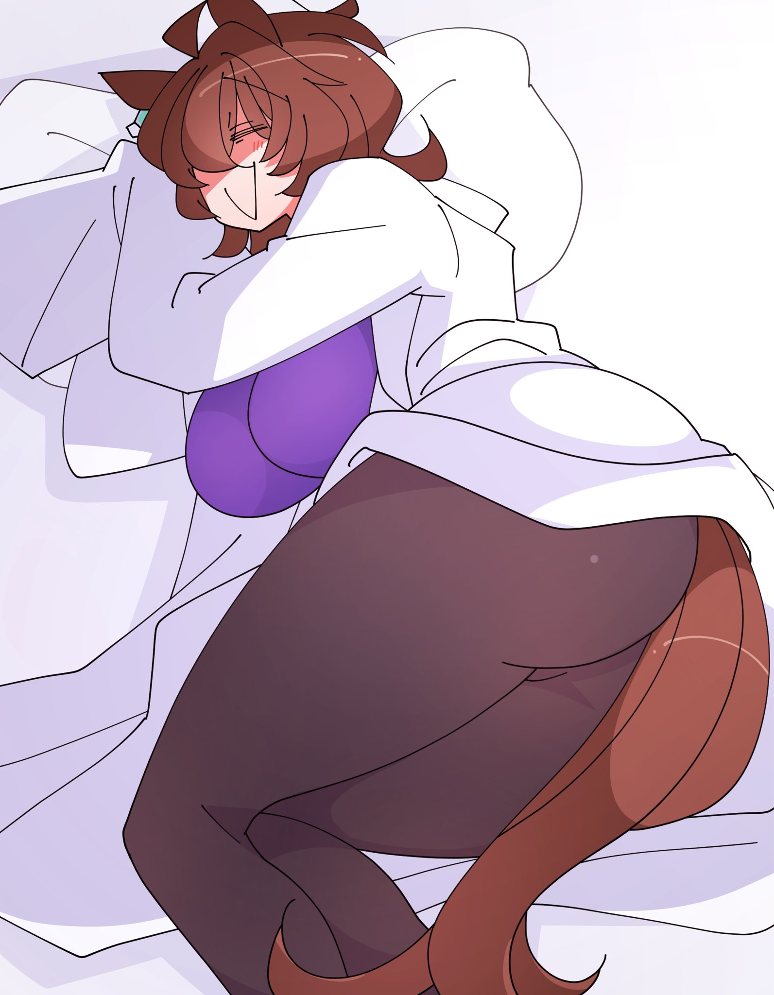 1girls, agnes tachyon (umamusume), animal ears, ass, bed, big ass, big breasts, breasts, brown hair, clothed, clothing, female, female only, fully clothed, fur, hi res, kaijin debeso, light skin, light-skinned female, on bed, simple background, sleeping, smile, solo, tail, umamusume, umamusume pretty derby, white background