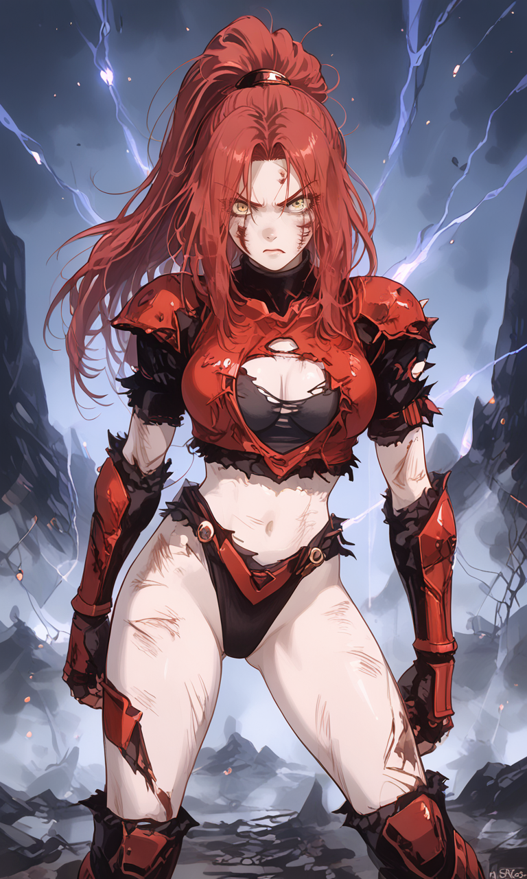 ai_generated battle_damage black_leotard crimson_hair female fighter fighting_stance gloves golden_eyes hair_over_one_eye legs leotard martial_artist original_character ponytail red_hair ripped_clothing torn_clothes yellow_eyes