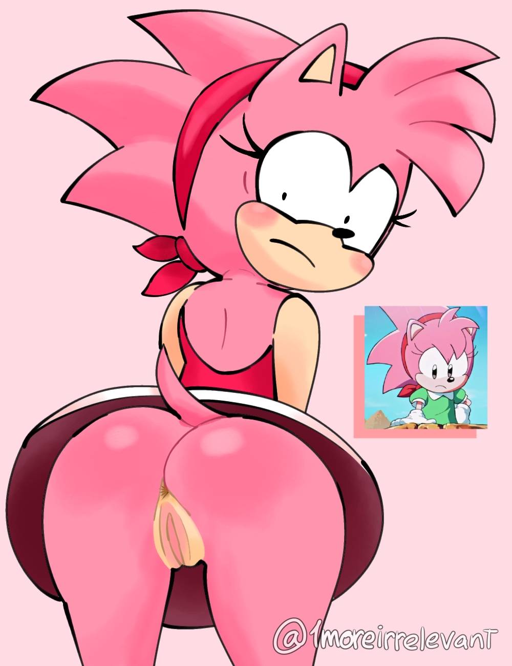 1girls 1moreirrelevant 2024 alternate_version_available amy_rose anus ass blush bottomless classic_amy_rose clothing embarrassed embarrassed_female exposed_pussy female female_only hedgehog no_panties pussy solo solo_female sonic_(series) tagme