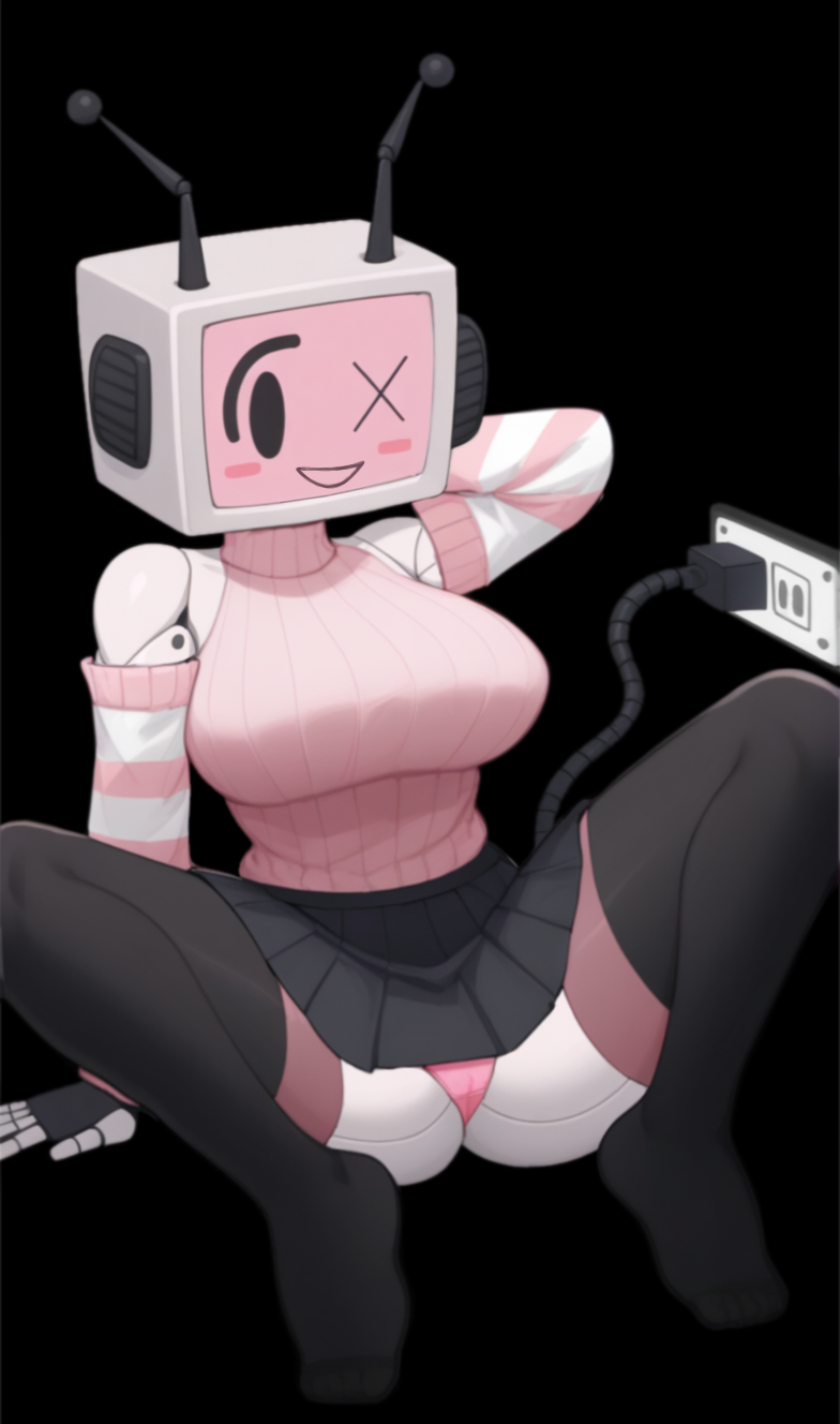 ai_generated black_background cable knightnyan looking_at_viewer panties pink_sweater robot_girl skirt spread_legs sweater thighhighs third-party_edit tv tv_head