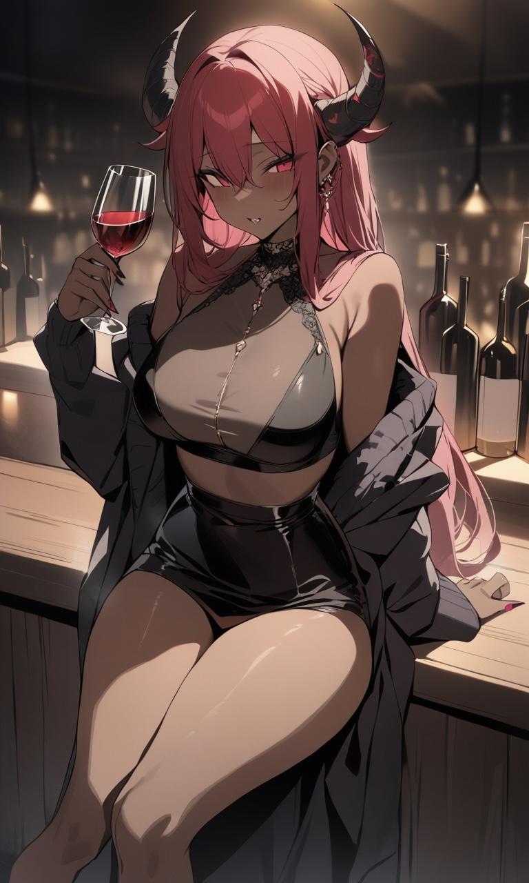 ai_generated clothed dark-skinned_female demon_girl demon_horns female_focus female_only red_eyes restrained self_upload sitting solo solo_female succubus wine wine_bottle wine_glass