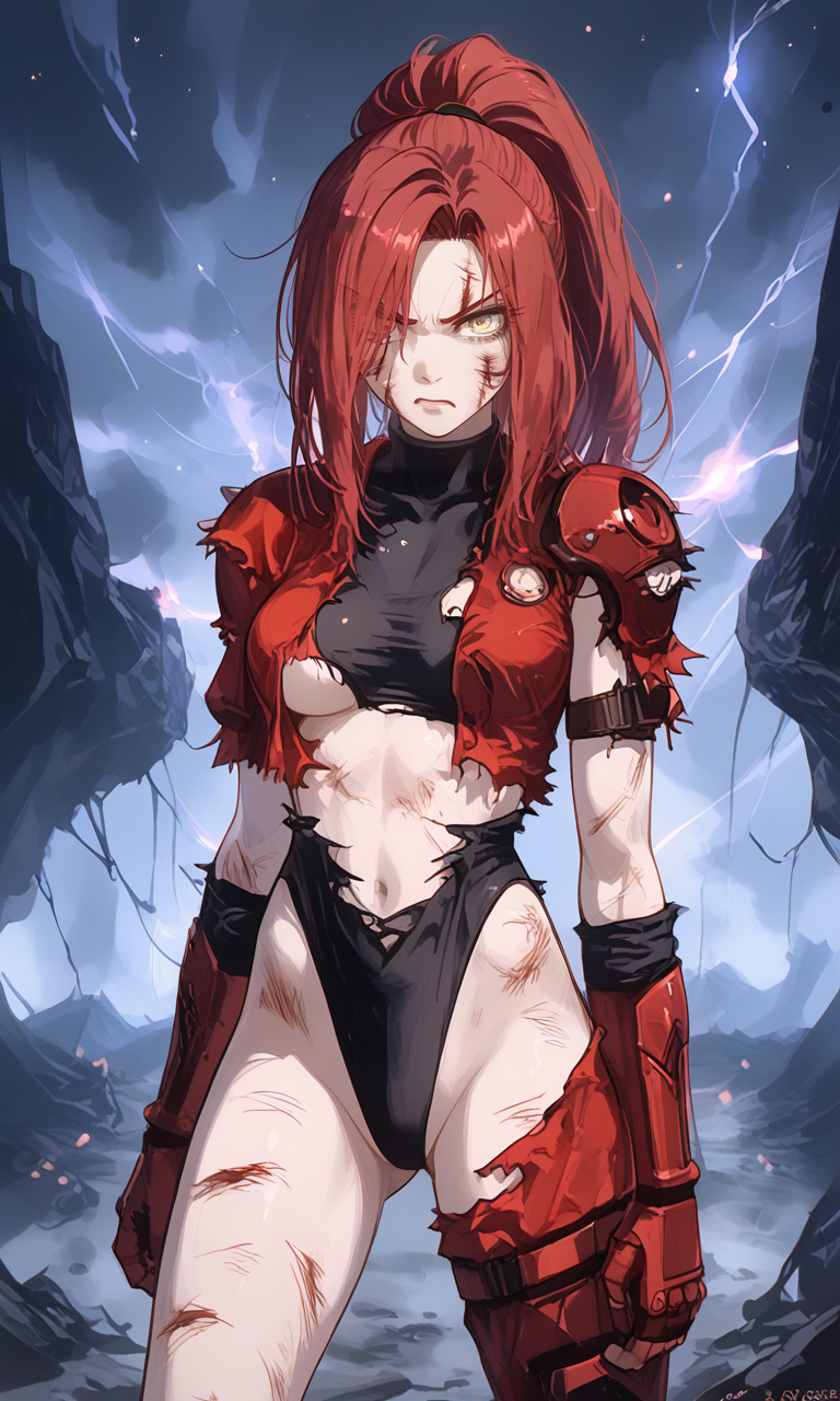 ai_generated battle_damage black_leotard crimson_hair female fighter fighting_stance gloves golden_eyes hair_over_one_eye legs leotard martial_artist original_character ponytail red_hair ripped_clothing torn_clothes yellow_eyes