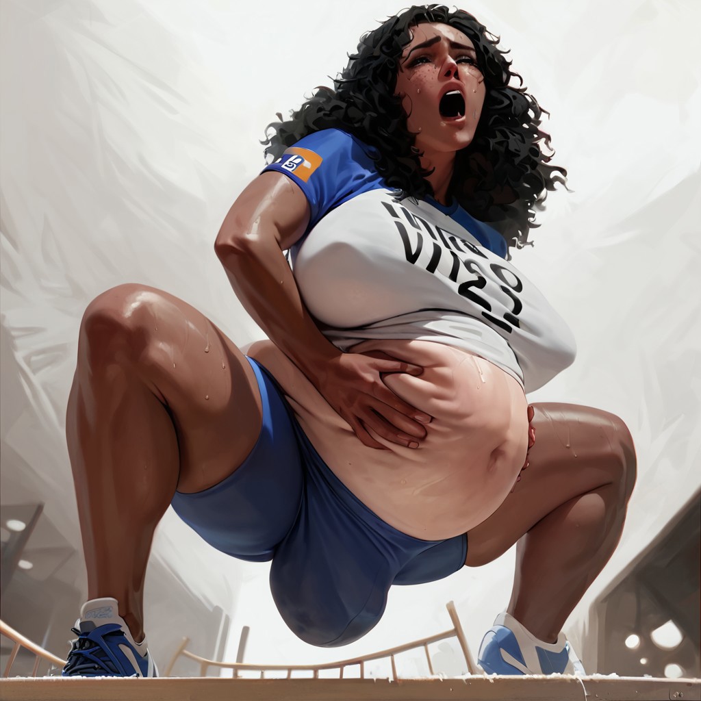 ai_generated big_breasts birth birthing black_hair blocked_birth clocktopus clutching_stomach crowning desperation embarrassed labor labor_pains long_hair pain public_exposure screaming sportswear squatting stretched_clothing