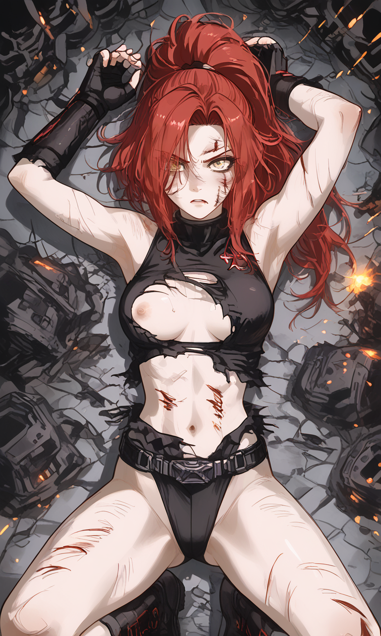 ai_generated angry battle_damage black_leotard crimson_hair cuts female fighter fighting_stance gloves golden_eyes hair_over_one_eye legs leotard lying_on_back martial_artist nipple_slip original_character ponytail red_hair ripped_clothing scratches torn_clothes wounded yellow_eyes