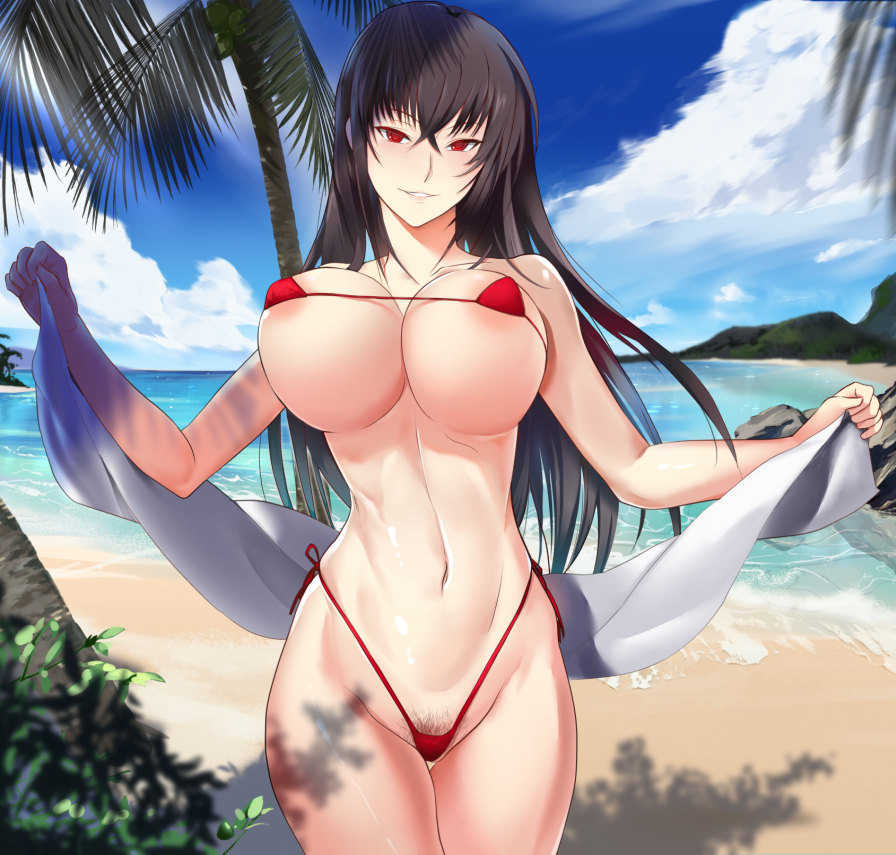 1girls beach bikini black_hair breasts cleavage female female_only kawakami_momoyo large_breasts light-skinned_female light_skin long_hair maji_de_watashi_ni_koi_shinasai! micro_bikini mikazuki_shigure outdoors pale-skinned_female pale_skin pubic_hair red_eyes smile solo standing thigh_gap underboob