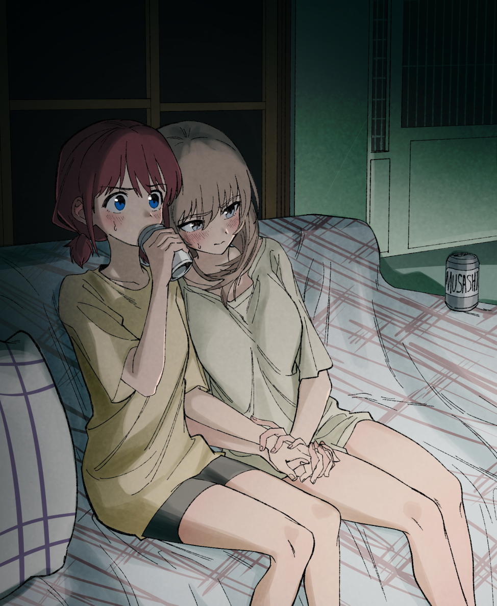 2girls blonde_hair blue_eyes blush brown_hair female female_only fully_clothed gganchan girls_band_cry handholding holding_hands iseri_nina kawaragi_momoka lesbian_couple night watching watching_tv wholesome yuri