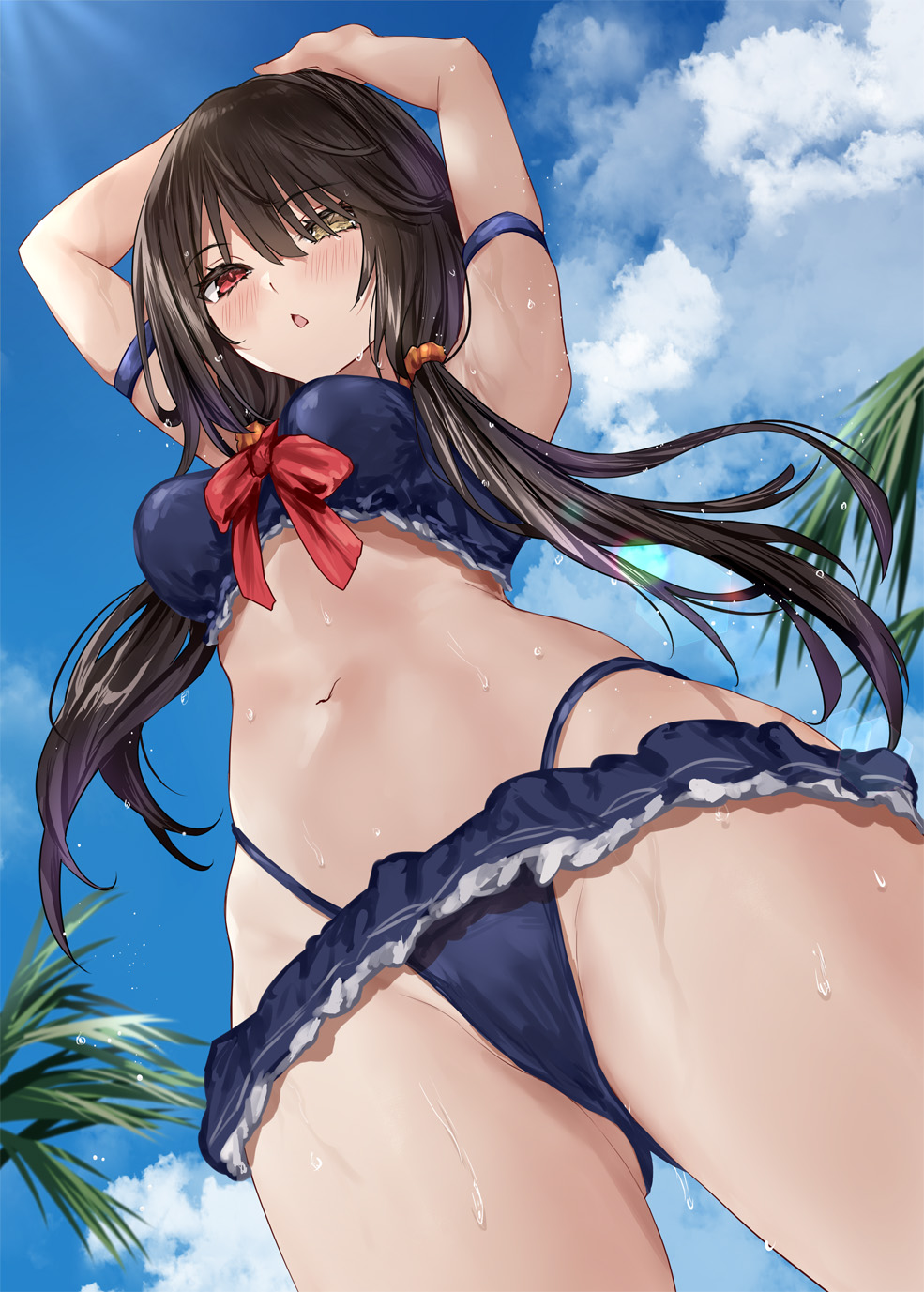 2d 2d_(artwork) asle ass beach belly belly_button below_view bikini black_hair breasts date_a_live heterochromia light-skinned_female long_hair looking_at_viewer medium_breasts red_eyes ribbon skirt sky thighs tokisaki_kurumi twintails