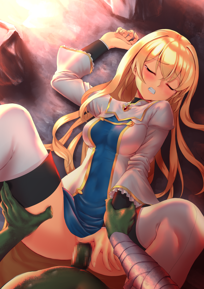 .357-inch 1boy blonde_hair blush boots breasts censored clenched_teeth closed_eyes covered_navel dress dress_lift eyebrows_visible_through_hair female frilled_sleeves frills gem goblin goblin_male goblin_slayer goblindom green_skin highres long_hair lying medium_breasts mosaic_censoring on_back on_floor orc penis priestess_(goblin_slayer) pussy rape rock sex solo_focus spread_legs tears teeth thigh_boots thighhighs vaginal_penetration wrist_grab wrist_pull_missionary