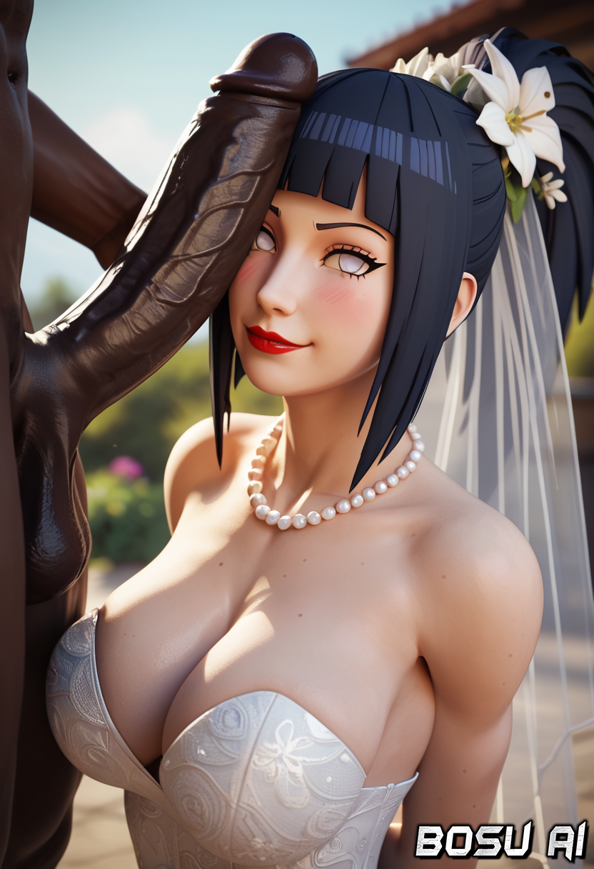 1boy 1girls ai_generated big_penis bosu_ai cleavage dark-skinned_male hair_flower huge_cock hyuuga_hinata interracial looking_at_viewer naruto naruto_(series) pearl_necklace penis_awe penis_on_face red_lipstick smug straight strapless strapless_dress wedding_dress