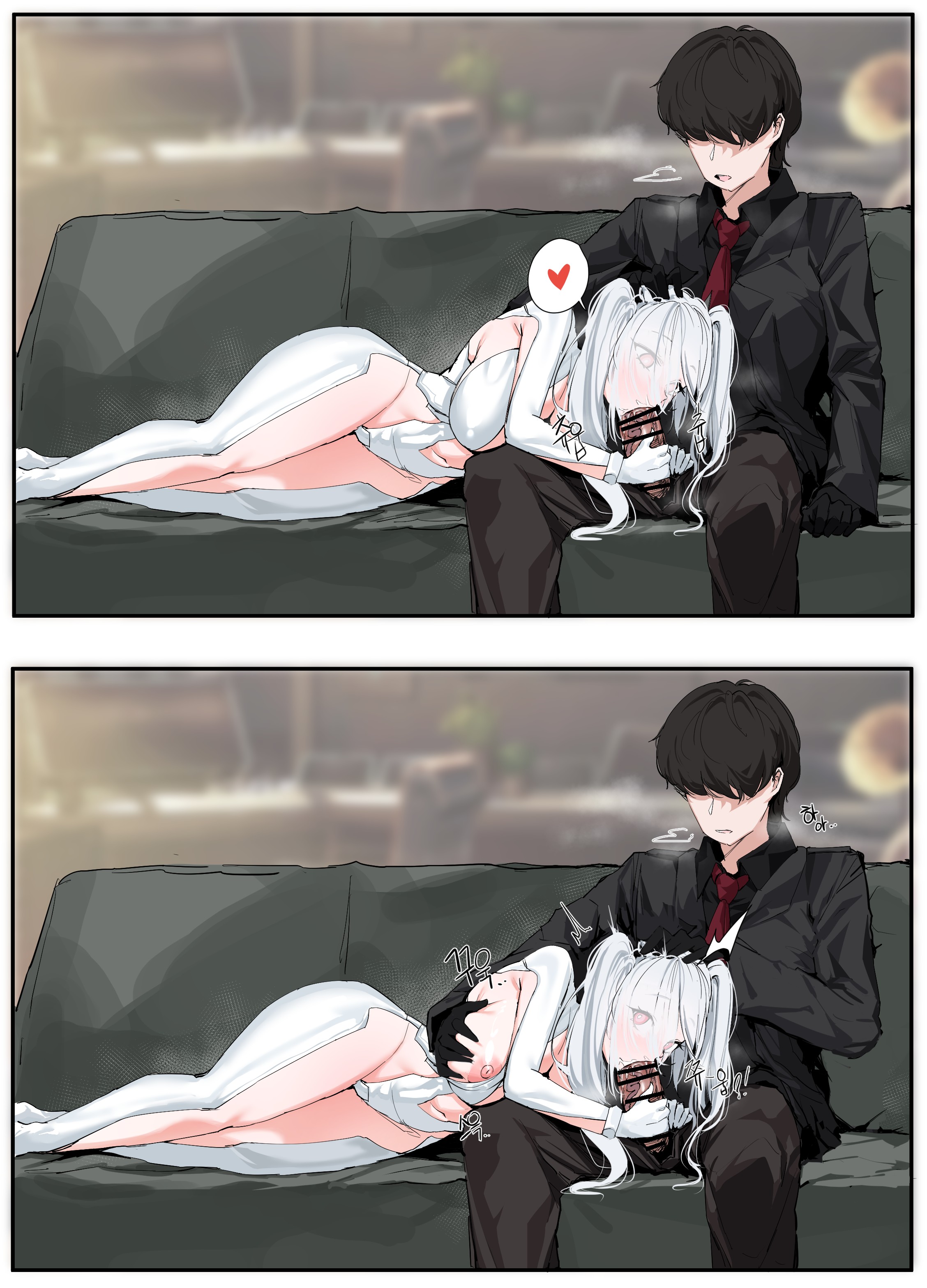 1boy, 1girls, artist request, big breasts, blowjob, breasts, breasts grab, cinderella (nikke), commander (nikke), fellatio, female, goddess of victory: nikke, male, tagme