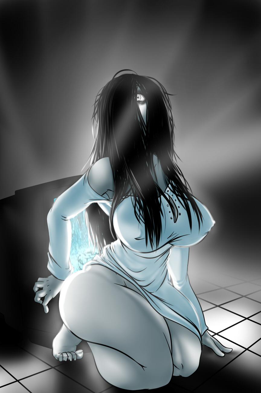 1girls 2018 big_breasts black_hair breasts clothed clothed_female clothing female female_only ghost ghost_girl long_hair on_floor on_knees pale-skinned_female pale_skin solo solo_female suicidetoto television the_ring yamamura_sadako