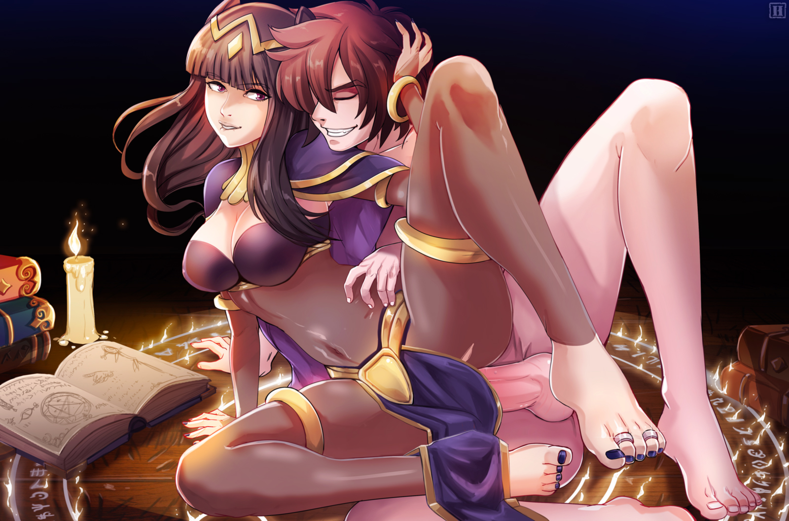 1boy, blunt bangs, bodystocking, book, books, burning candle, candle, clothed sex, female, fire emblem, fire emblem awakening, from behind, male, nintendo, original character, penis, purple eyes, see-through, sex, tharja (fire emblem), uncensored, white candle